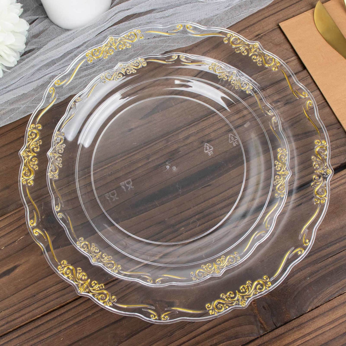 10-Pack Plastic 7" Round Dessert Plates in Clear with Gold Vintage Embossed Rim - Sturdy Disposable Scalloped Edge Salad Plates for Sophisticated Events & Celebrations