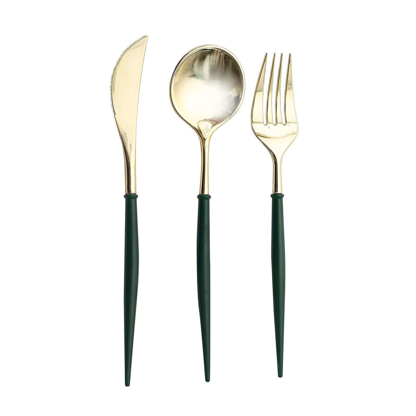24-Pack Plastic Flatware Set in Metallic Gold with Hunter Emerald Green Handle - Heavy Duty Disposable Modern Silverware 8"