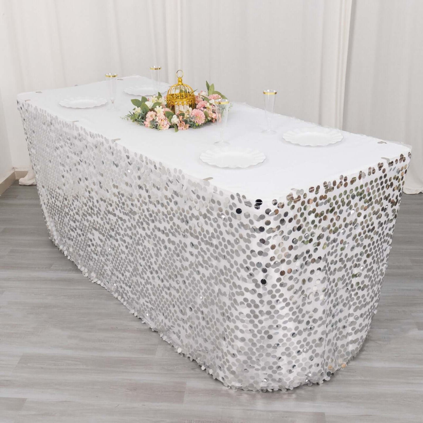 Payette Sequin 21ft Table Skirt Silver - Dual Layered Satin Table Cover
