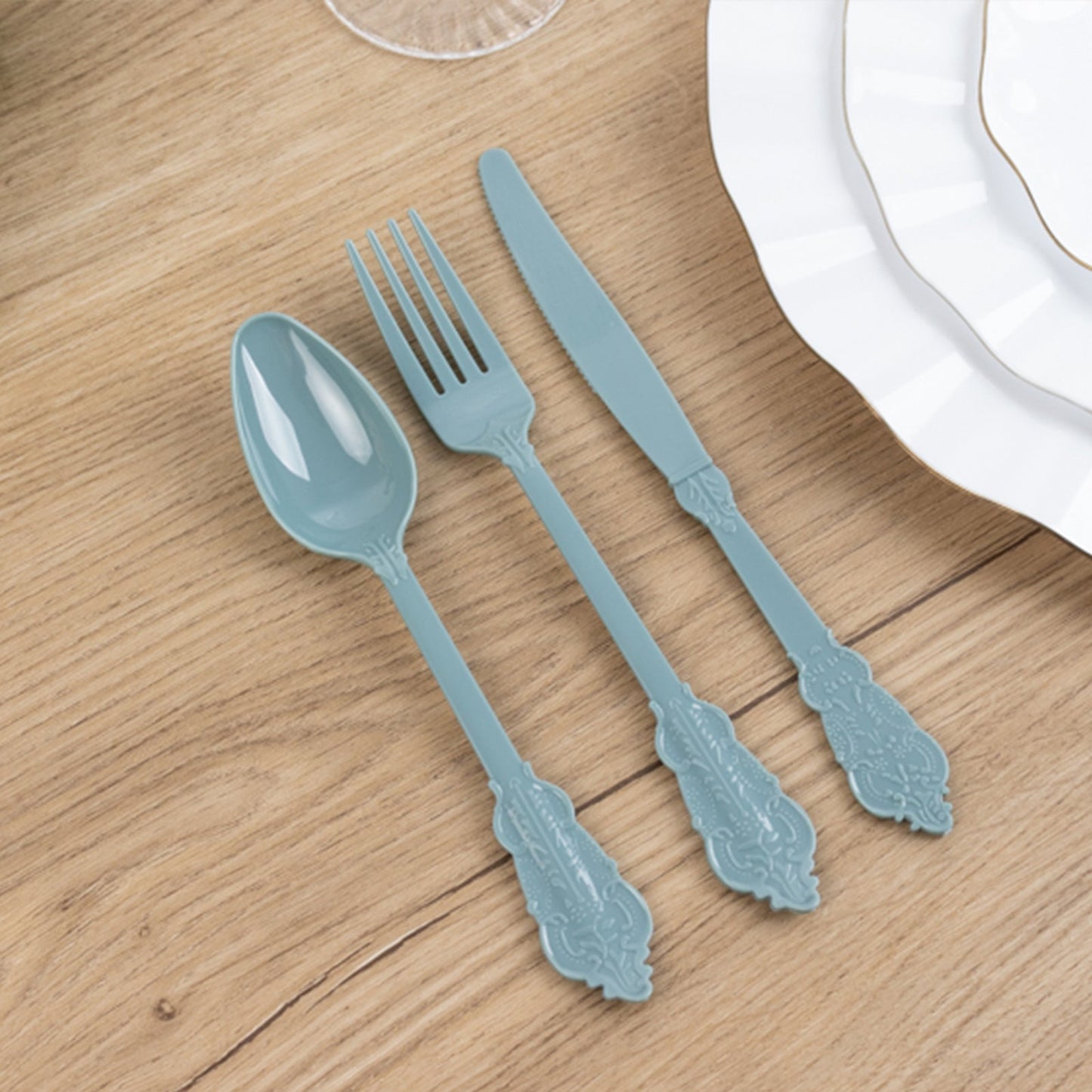 72 Pcs Plastic Silverware Set in Baroque Style Dusty Blue - Heavy Duty Disposable Knife, Fork, and Spoon Set