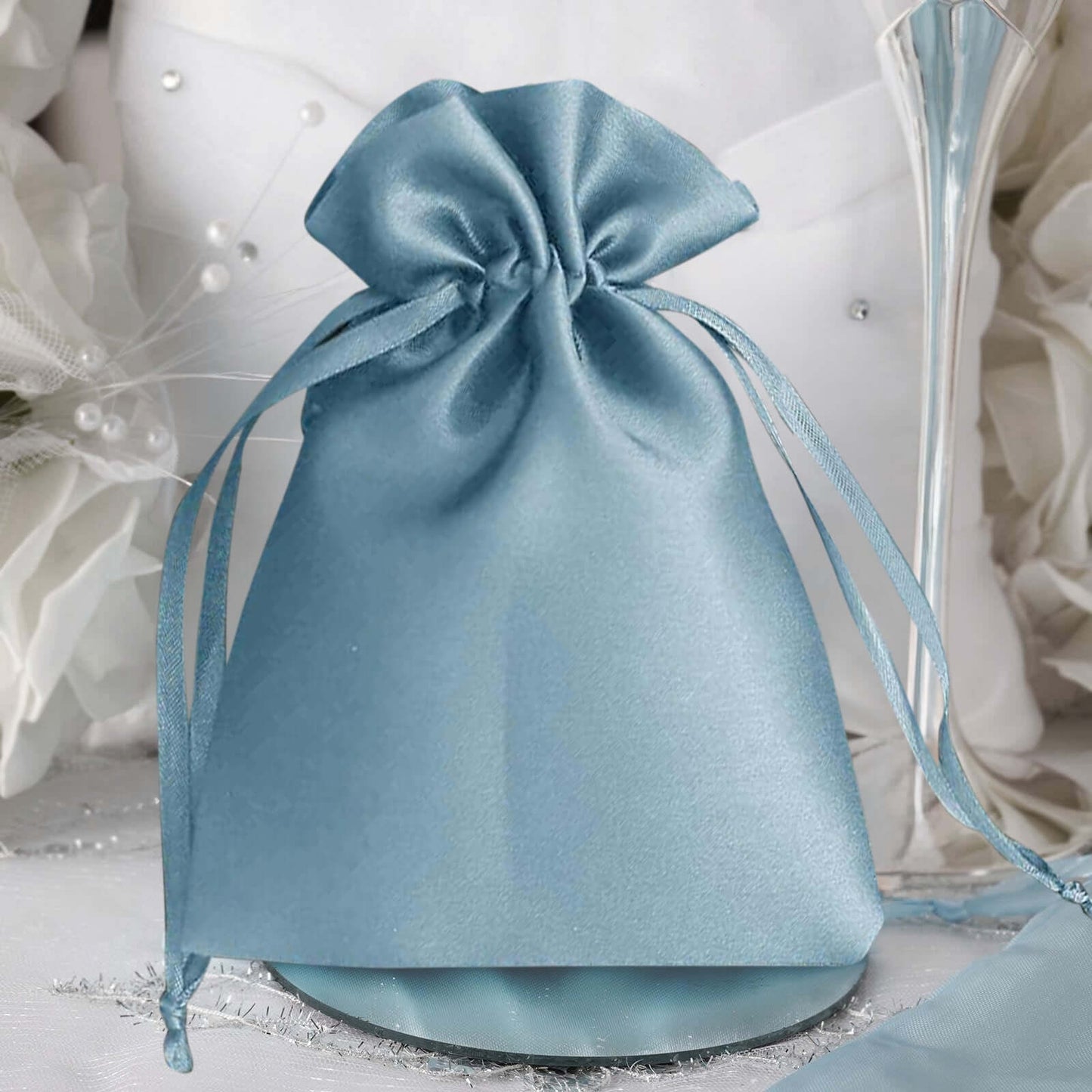 12 Pack 6"x9" Dusty Blue Satin Wedding Party Favor Bags, Drawstring Pouch Gift Bags