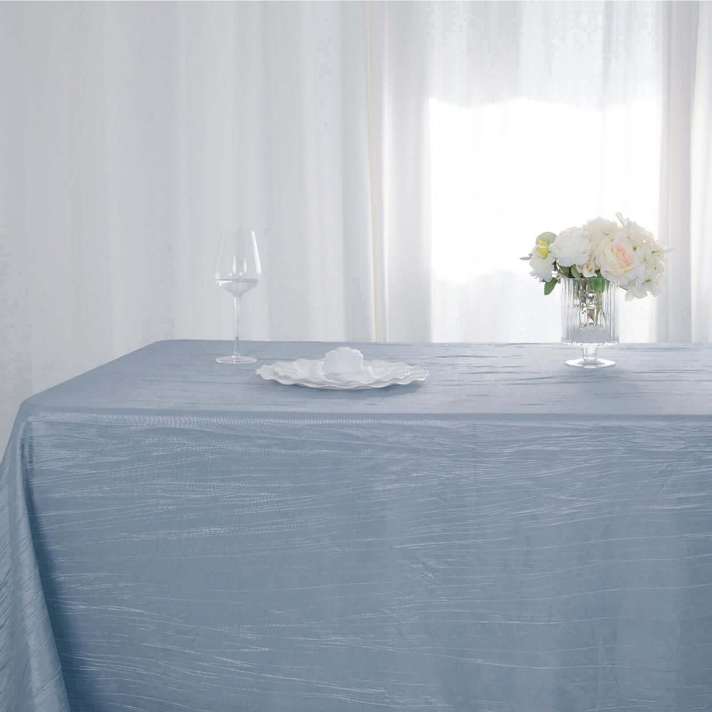 Taffeta 90"x132" Rectangle Tablecloth Dusty Blue - Seamless Accordion Crinkle Table Cover