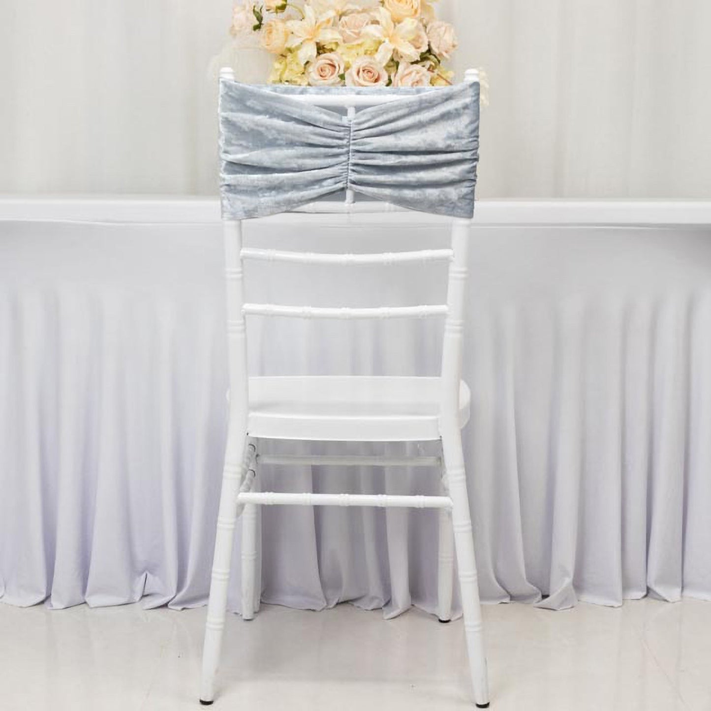 5 Pack Crushed Velvet Chair Bands Dusty Blue Wide Ruffle Style - Textured Chair Sashes for Stunning Event Decor - 8"x15"