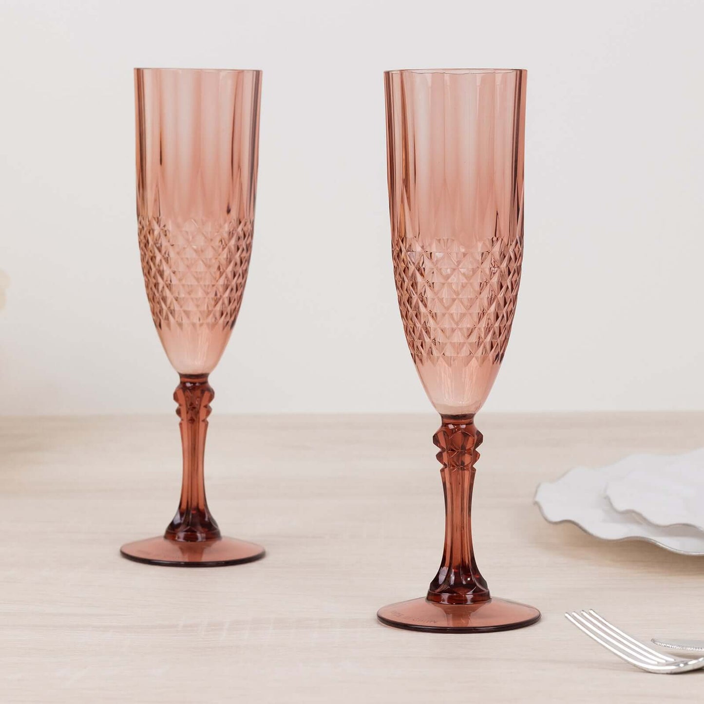 6-Pack Plastic Wedding Toast Flutes Dusty Rose Transparent Crystal Cut Style - Reusable Champagne Glasses 8oz