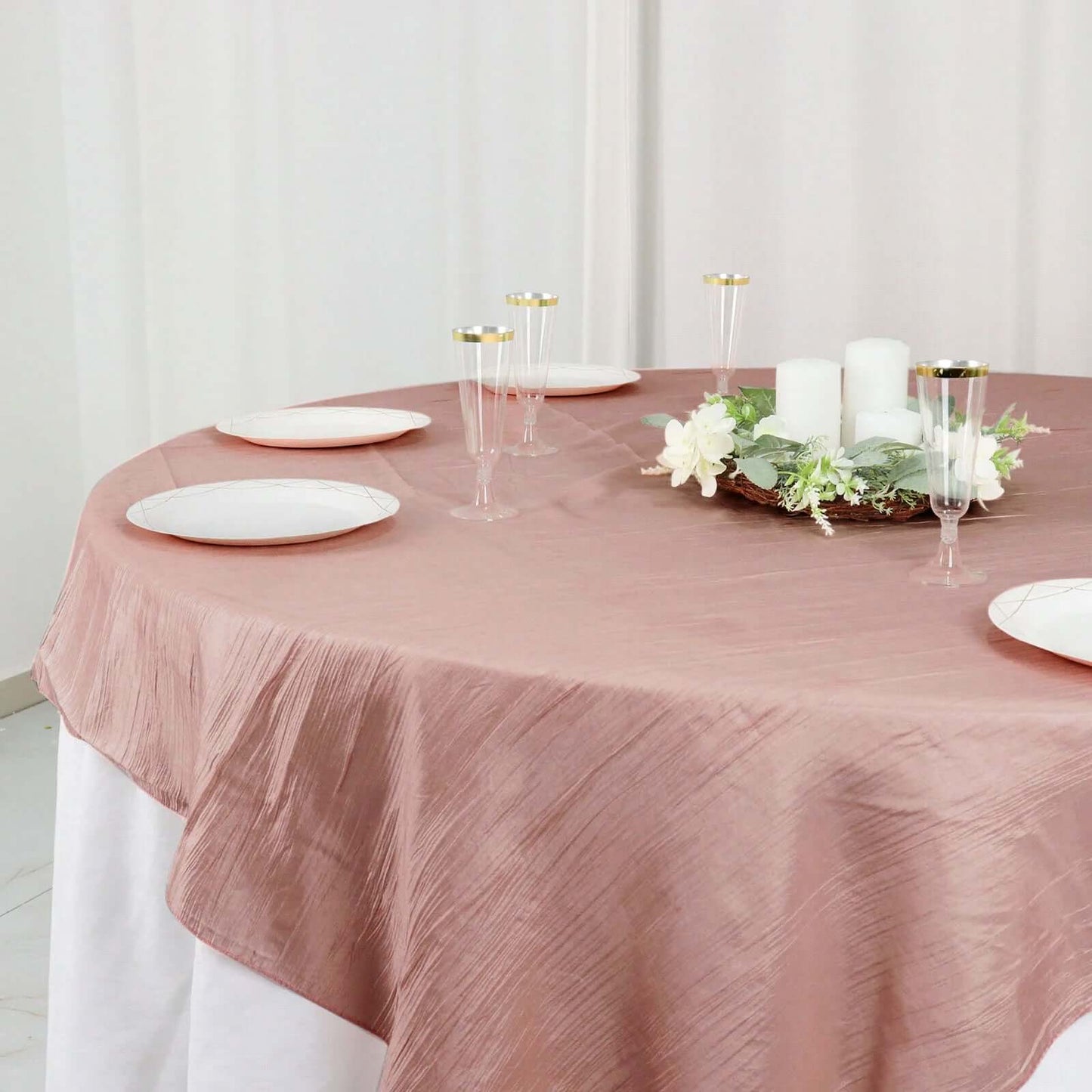 Taffeta 72"x72" Table Overlay Square Tablecloth Dusty Rose - Accordion Crinkle Table Cover