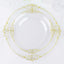 10-Pack Plastic 8" Round Dessert Plates in Clear with Gold Leaf Embossed Rim - Disposable Vintage Baroque Style Salad Plates