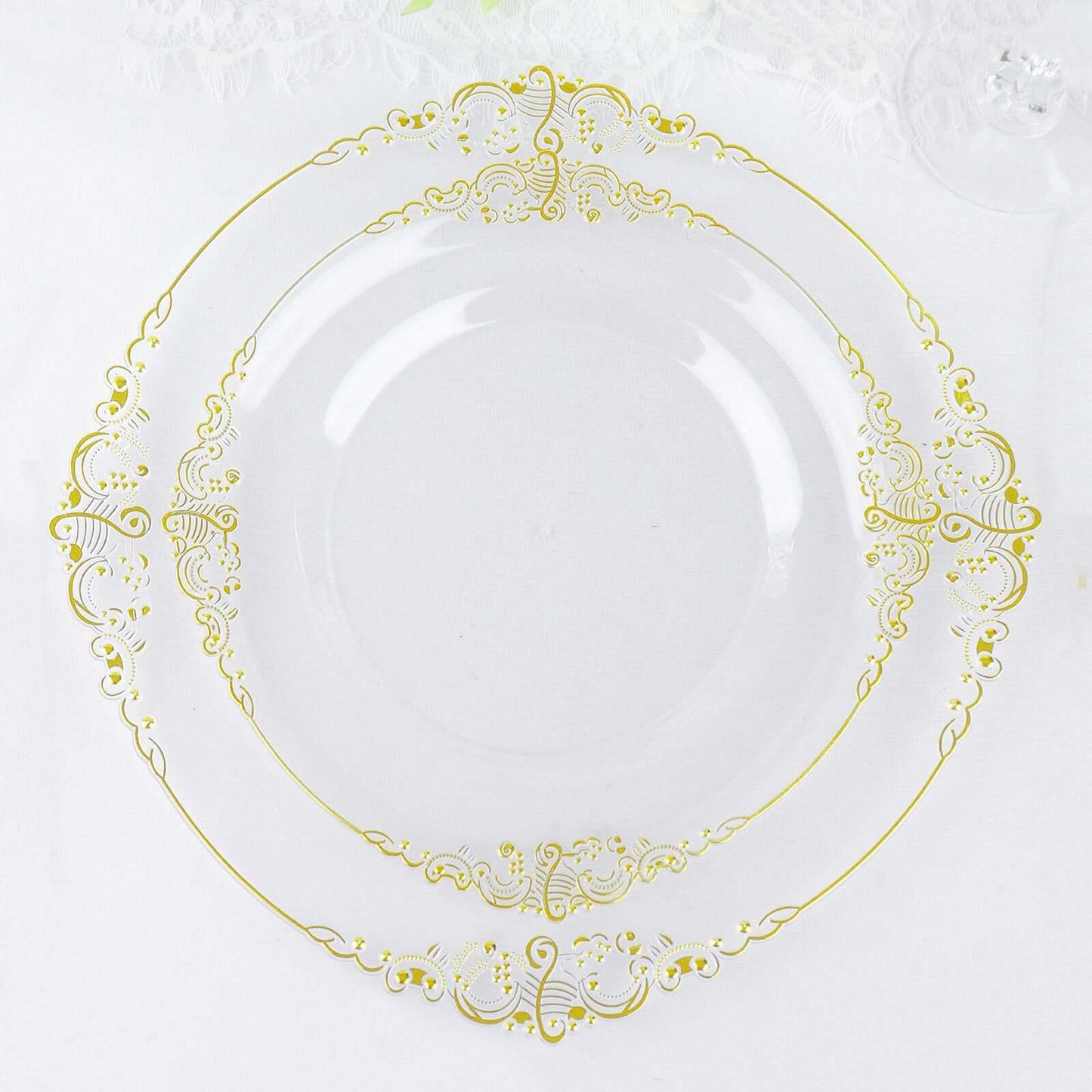 10-Pack Plastic 8" Round Dessert Plates in Clear with Gold Leaf Embossed Rim - Disposable Vintage Baroque Style Salad Plates
