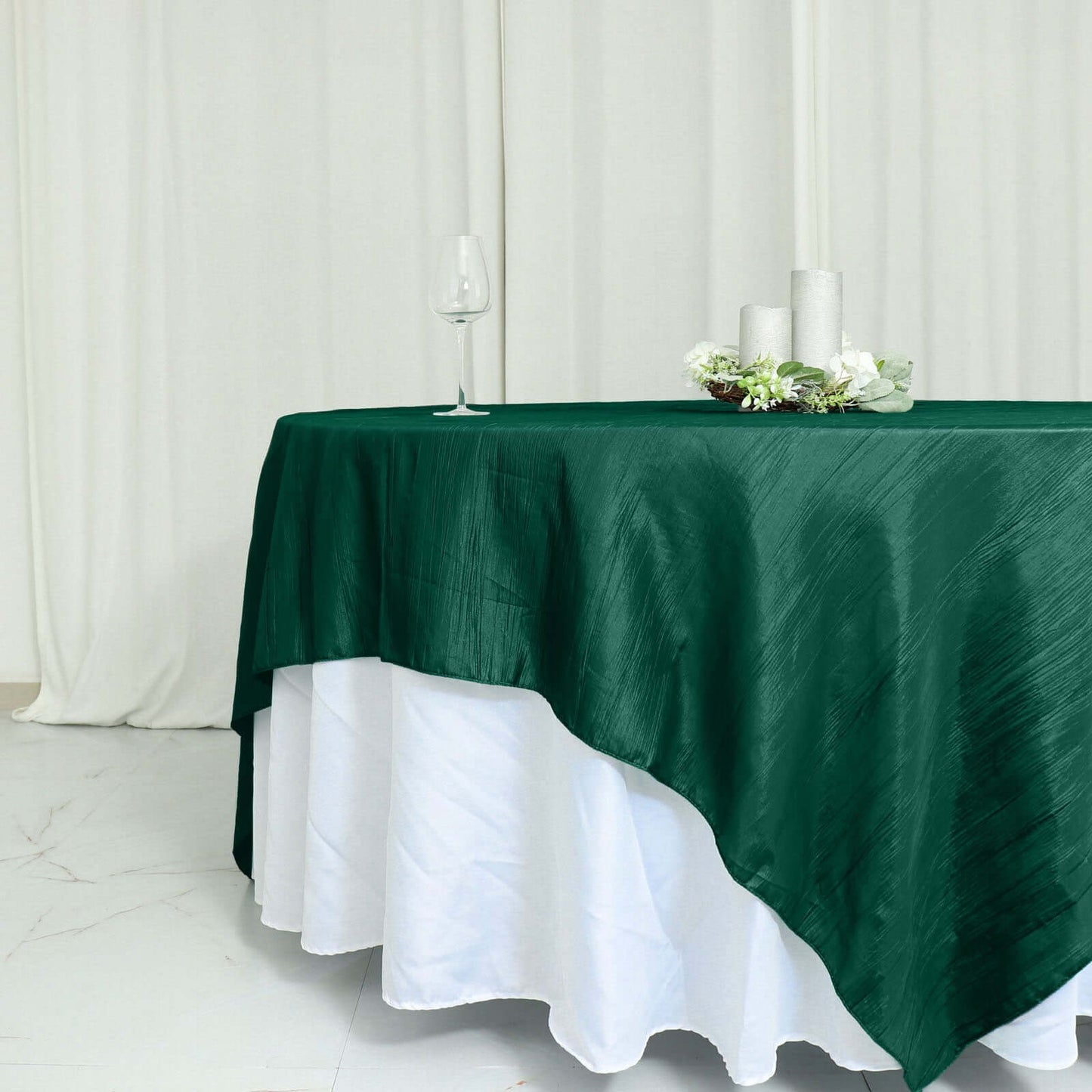 Taffeta 90"x90" Table Overlay Square Tablecloth Hunter Emerald Green - Accordion Crinkle Table Cover