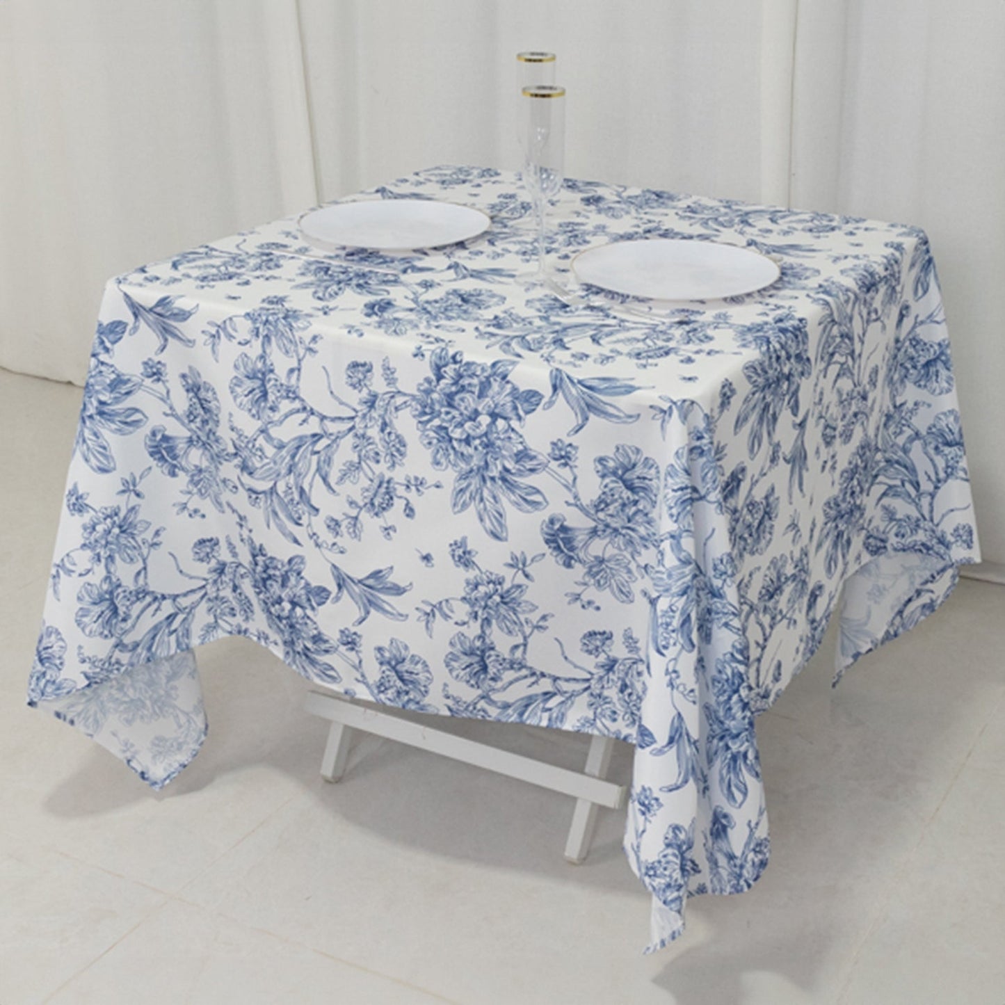 Polyester 70"x70" Square Tablecloth White - Blue French Toile Pattern for Sophisticated Settings