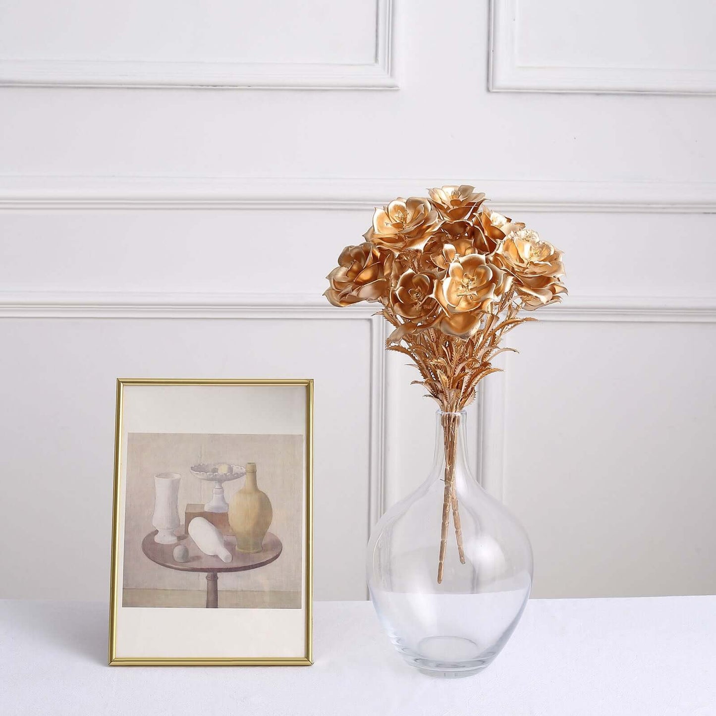 2-Pack Artificial Rose Bloomed Flower Bouquet Metallic Gold - Lustrous Faux Floral Arrangement for Seasonal Displays & Luxurious Decor Themes 17"