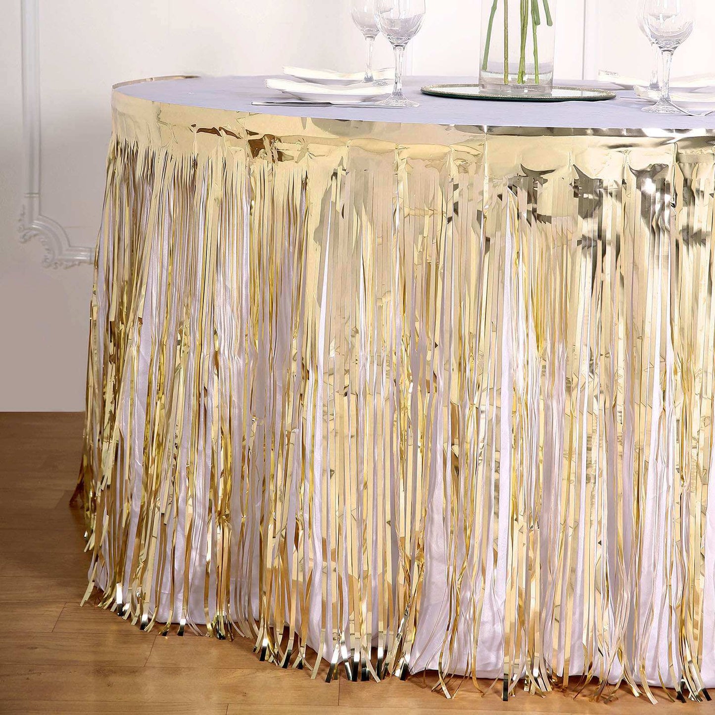 Metallic Foil Fringe Table Skirt Champagne with Self Adhesive Backing - Durable Tinsel Skirt for Parties 30"x9ft