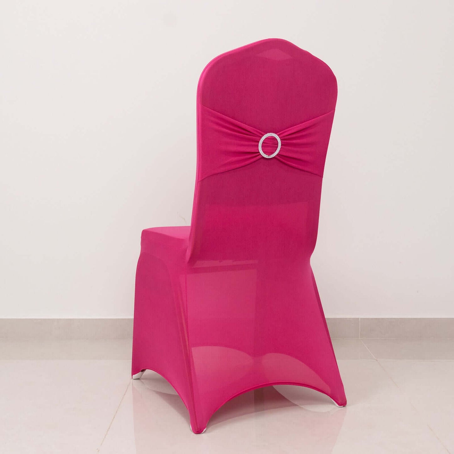 Spandex Chair Cover with Silver Rhinestone Buckled Sash Band Fuchsia - Stretch Fitted Slipcover
