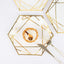 25-Pack Paper 7" Hexagon Dessert Plates in White with Gold Geometric Lines & Rim - Stylish Disposable Geometric 300GSM Appetizer Salad Plates for Events & Banquets