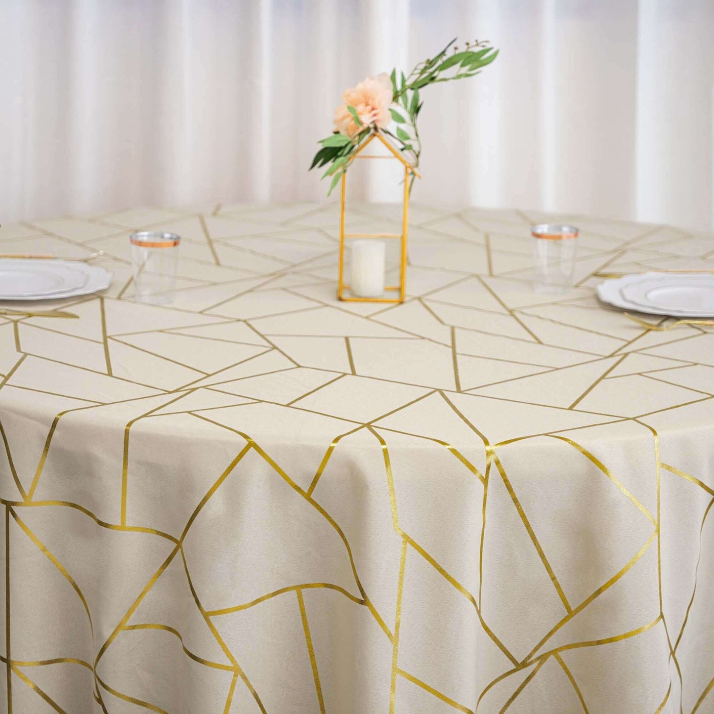 Polyester 120" Round Tablecloth Beige with Gold Foil Geometric Pattern Wrinkle-Resistant Seamless Table Cover