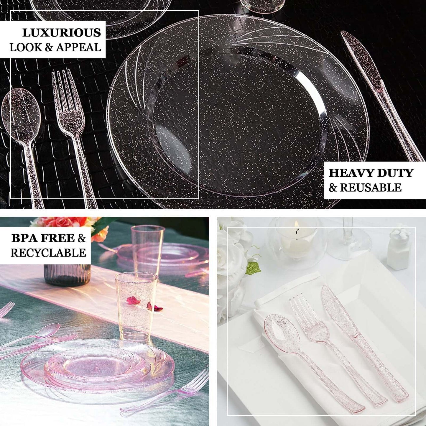 25-Pack Plastic Spoons Transparent Blush Glitter Classic Heavy Duty - Decorative Disposable Tableware 7"