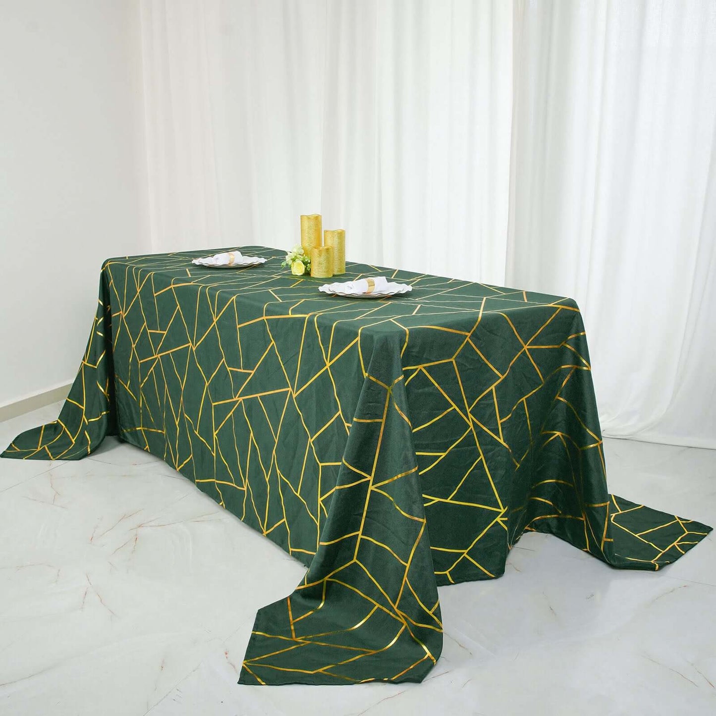 Polyester 90"x156" Rectangle Tablecloth Hunter Emerald Green Seamless with Gold Foil Geometric Pattern - Wrinkle-Resistant Seamless Table Cover for Sophisticated Events