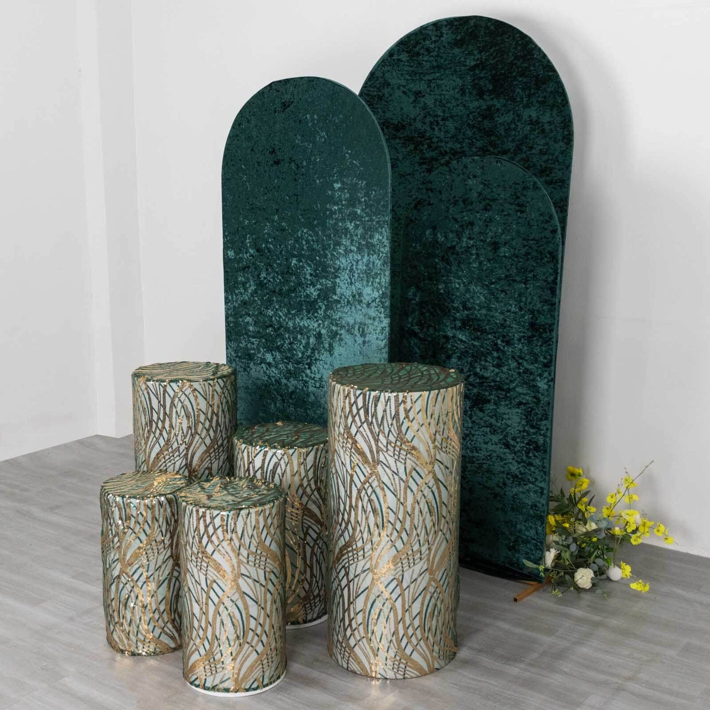Set of 5 Hunter Green Wave Mesh Cylinder Pedestal Stand Covers with Embroidered Sequins, Emerald Pillar Prop Covers - 160 GSM