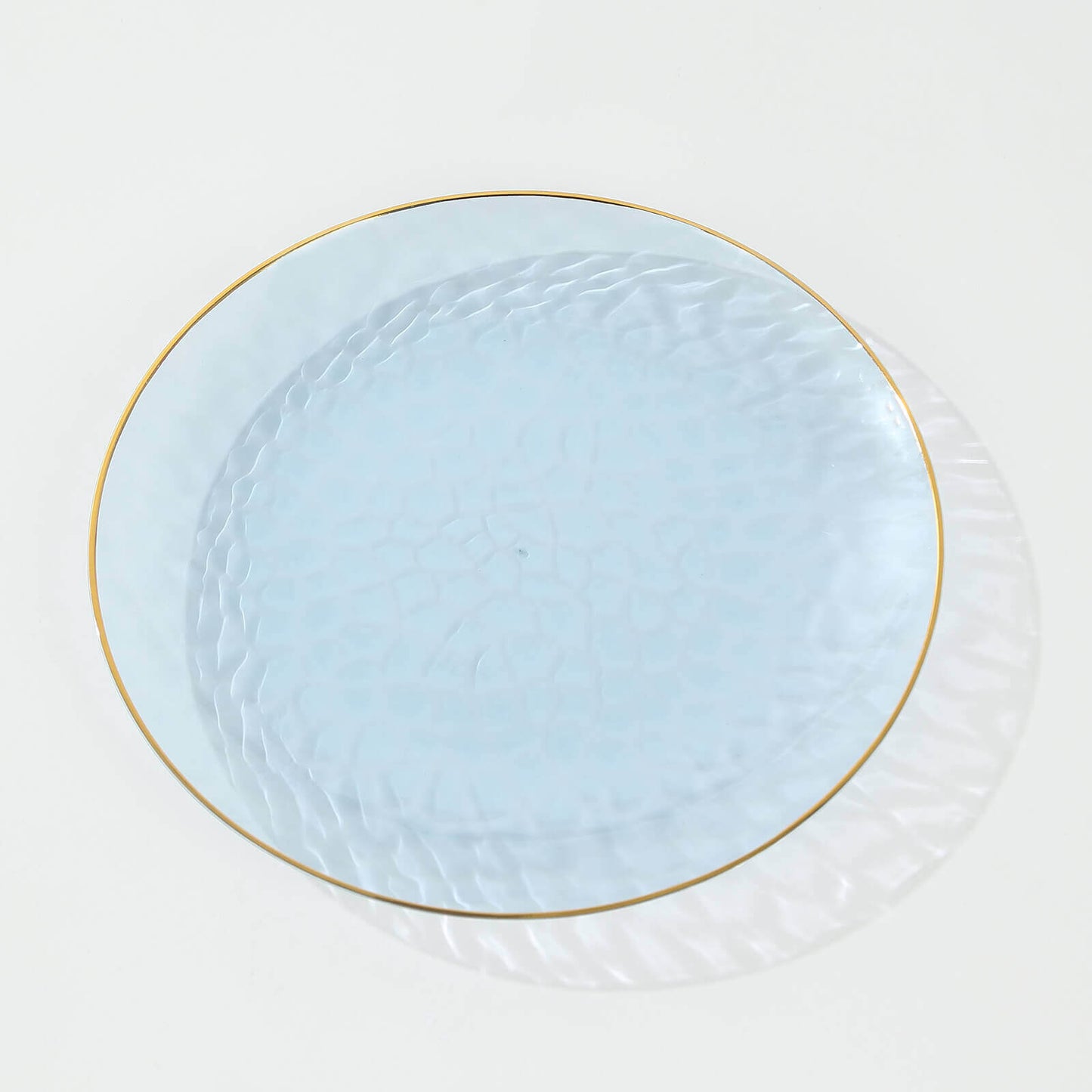 10-Pack Plastic 7" Round Dessert Appetizer Plates in Transparent Dusty Blue Hammered Design with Gold Rim - Modern Disposable Salad Plates