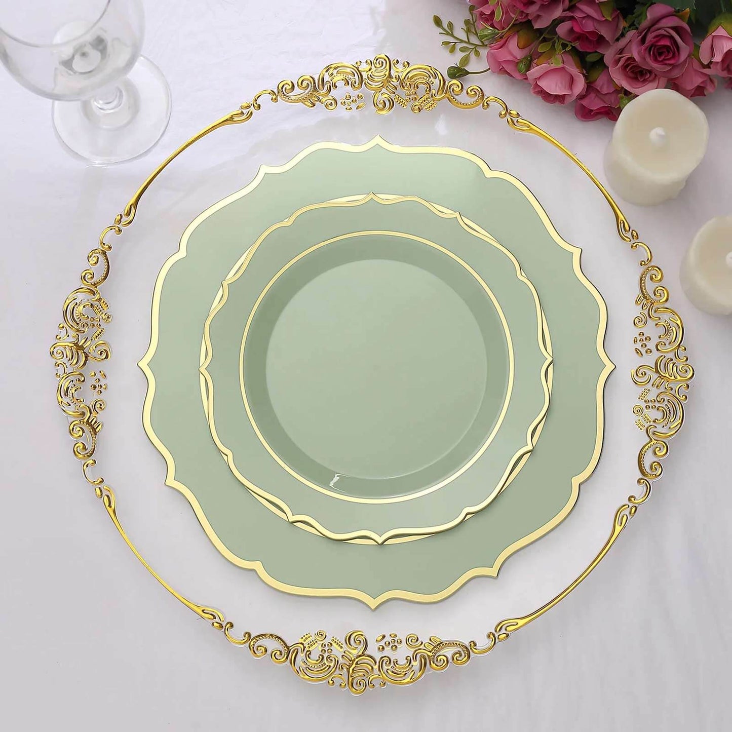 10-Pack Plastic 8" Round Dessert Plates in Sage Green with Gold Scalloped Rim - Disposable Appetizer/Salad Plates