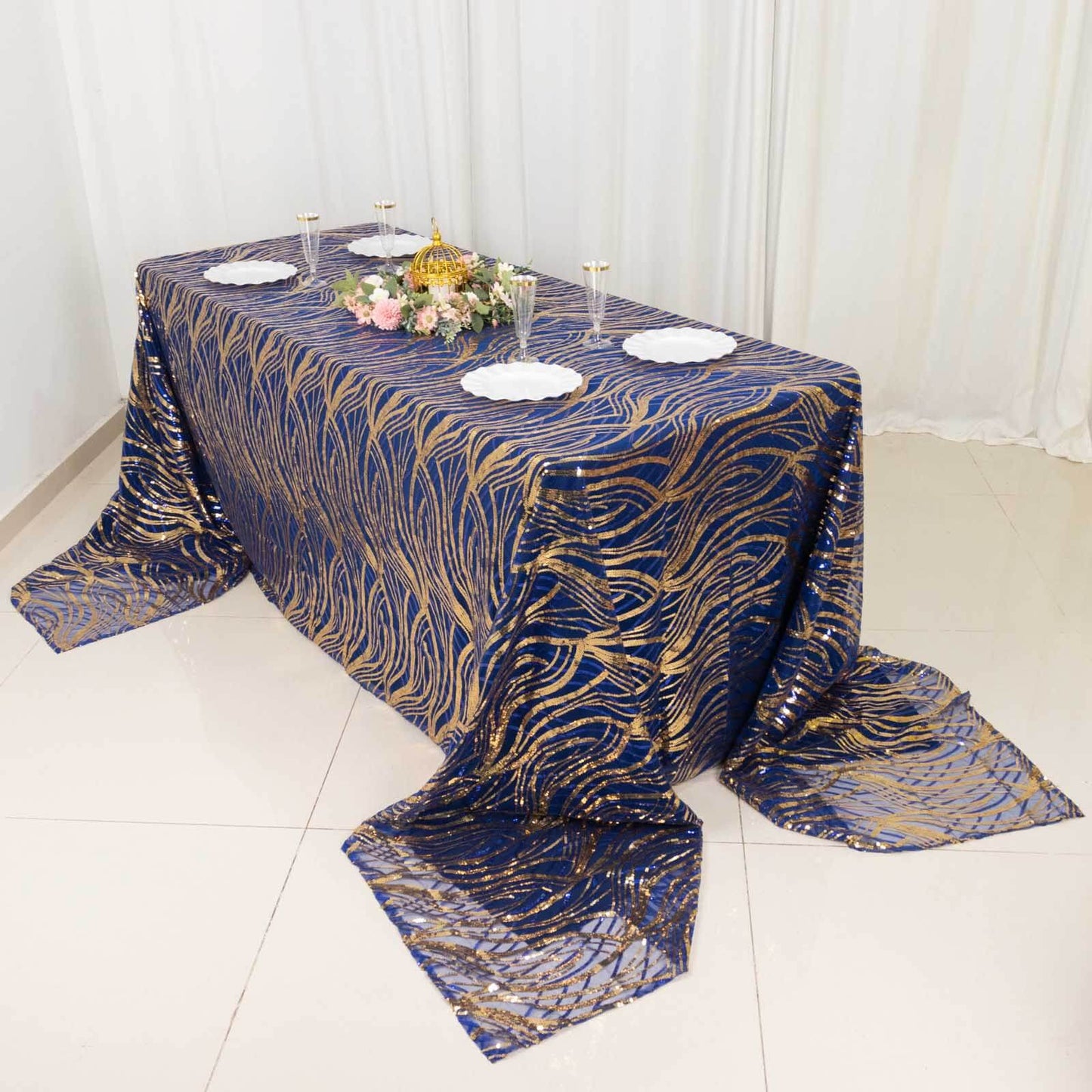 Mesh 90"x156" Rectangle Tablecloth Royal Blue/Gold - Wave Sequin Embroidered Table Cover