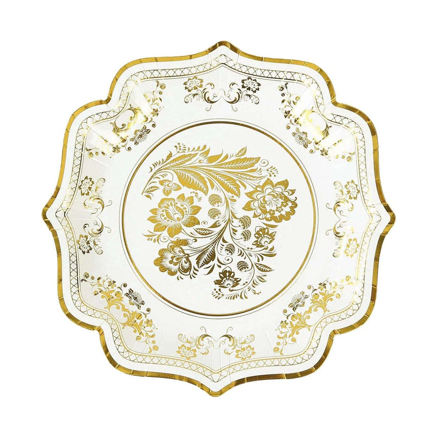 25-Pack Paper Dessert Plates in White with Gold Damask Floral Print & Scallop Rim - Stylish Disposable 300GSM Floral Salad Appetizer Plates for Weddings & Events 8"