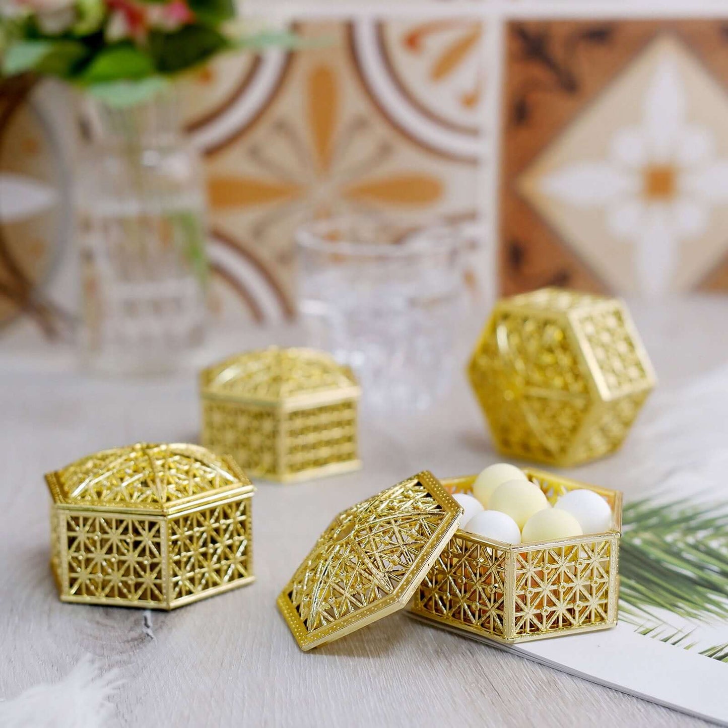 12-Pack Vintage Hexagon Gift Box Candy Containers Gold - Stylish Hollow Favor Boxes for Jewelry 3"