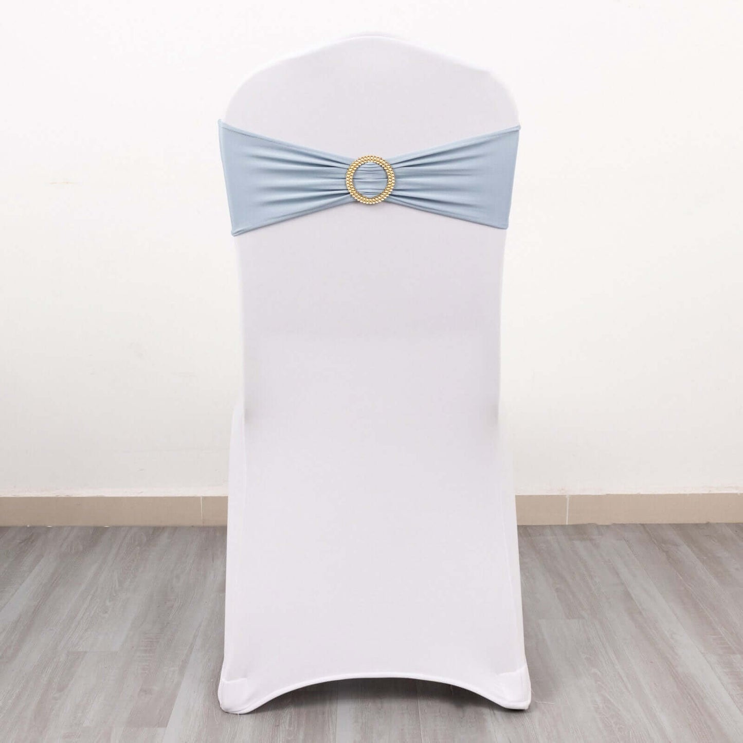 5 Pack Spandex Chair Sashes Dusty Blue with Gold Rhinestone Buckles - Reusable Four-Way Stretch Sash Bands 5"x14"