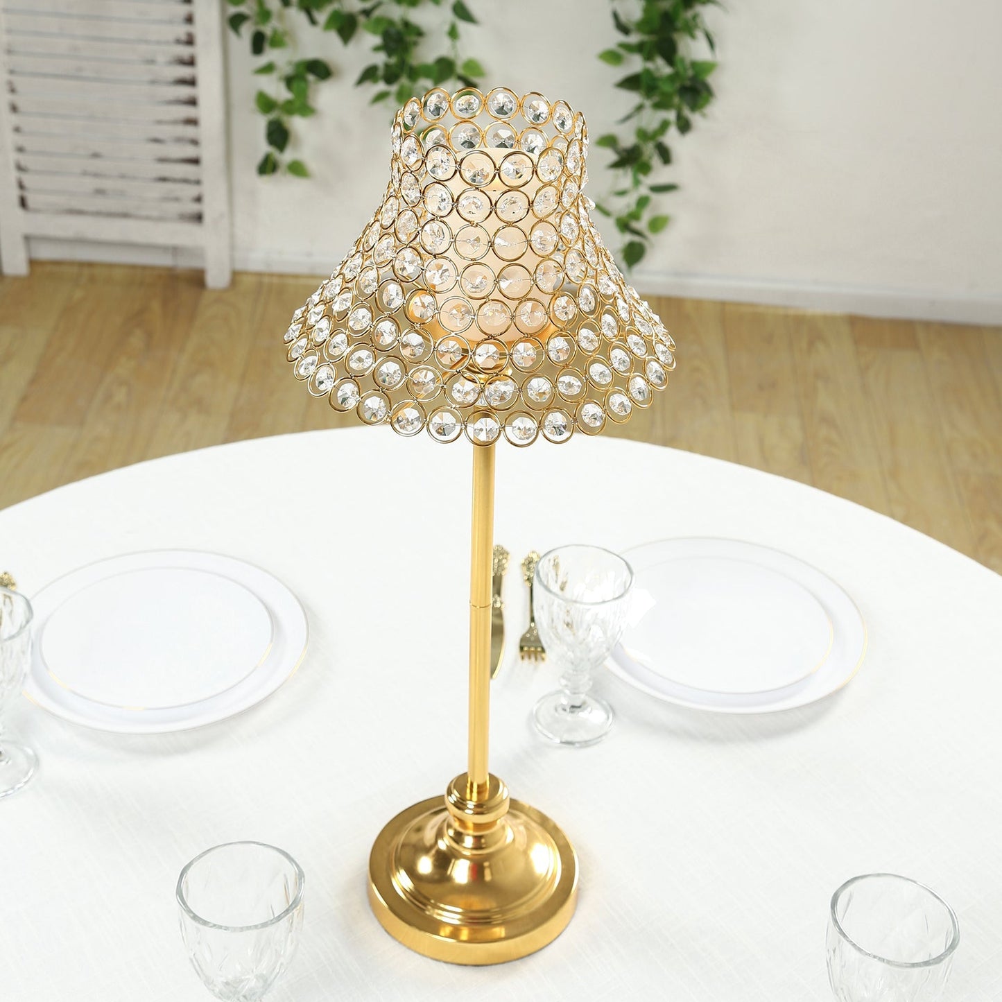 24" Tall Crystal Beaded Candle Stand â€“ Gold Metal Centerpiece with Lamp-Inspired Shade for Tables & Events