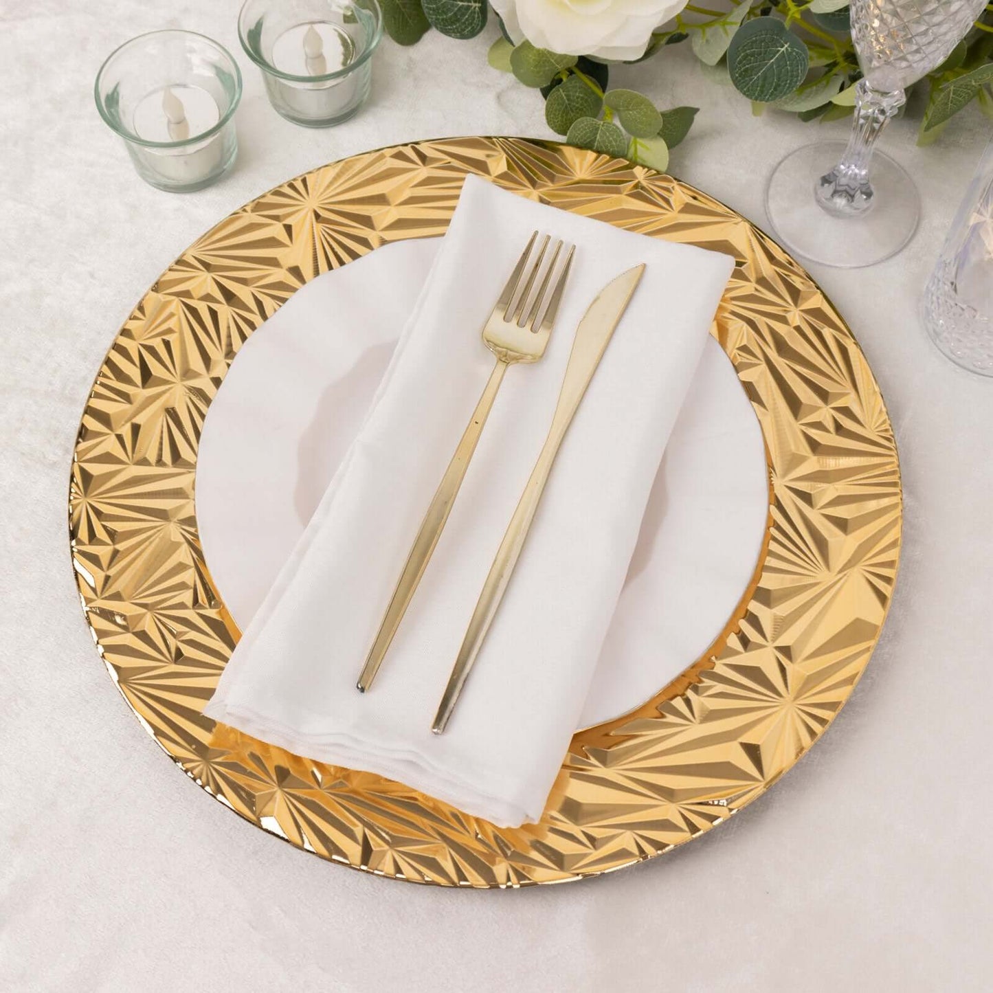 6-Pack Acrylic Round Charger Plates 13" in Metallic Gold with Rock Cut Design, Durable Plastic Dinner Charger Tableware