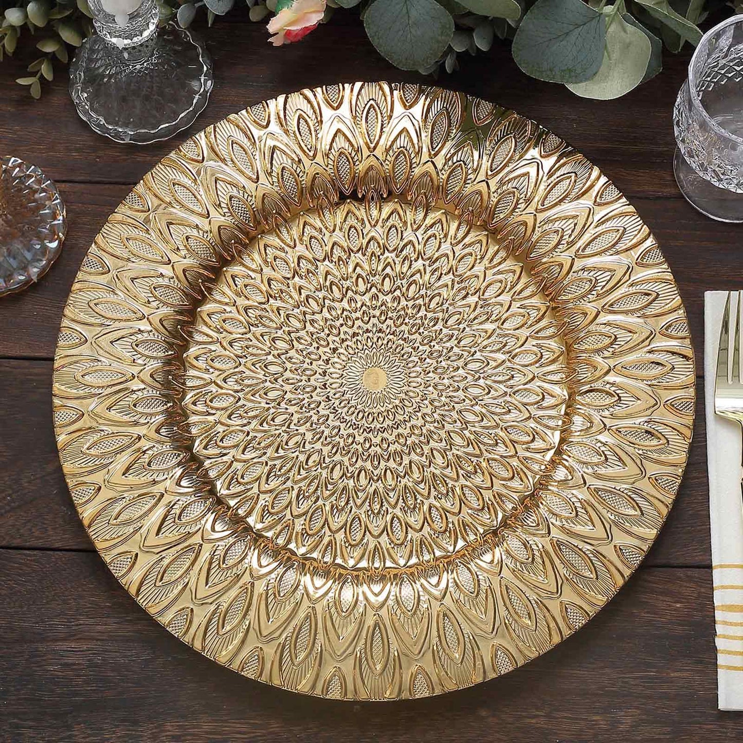 6-Pack Plastic Round Charger Plates 13" in Gold with Embossed Peacock Pattern, Stylish Disposable Charger Tableware