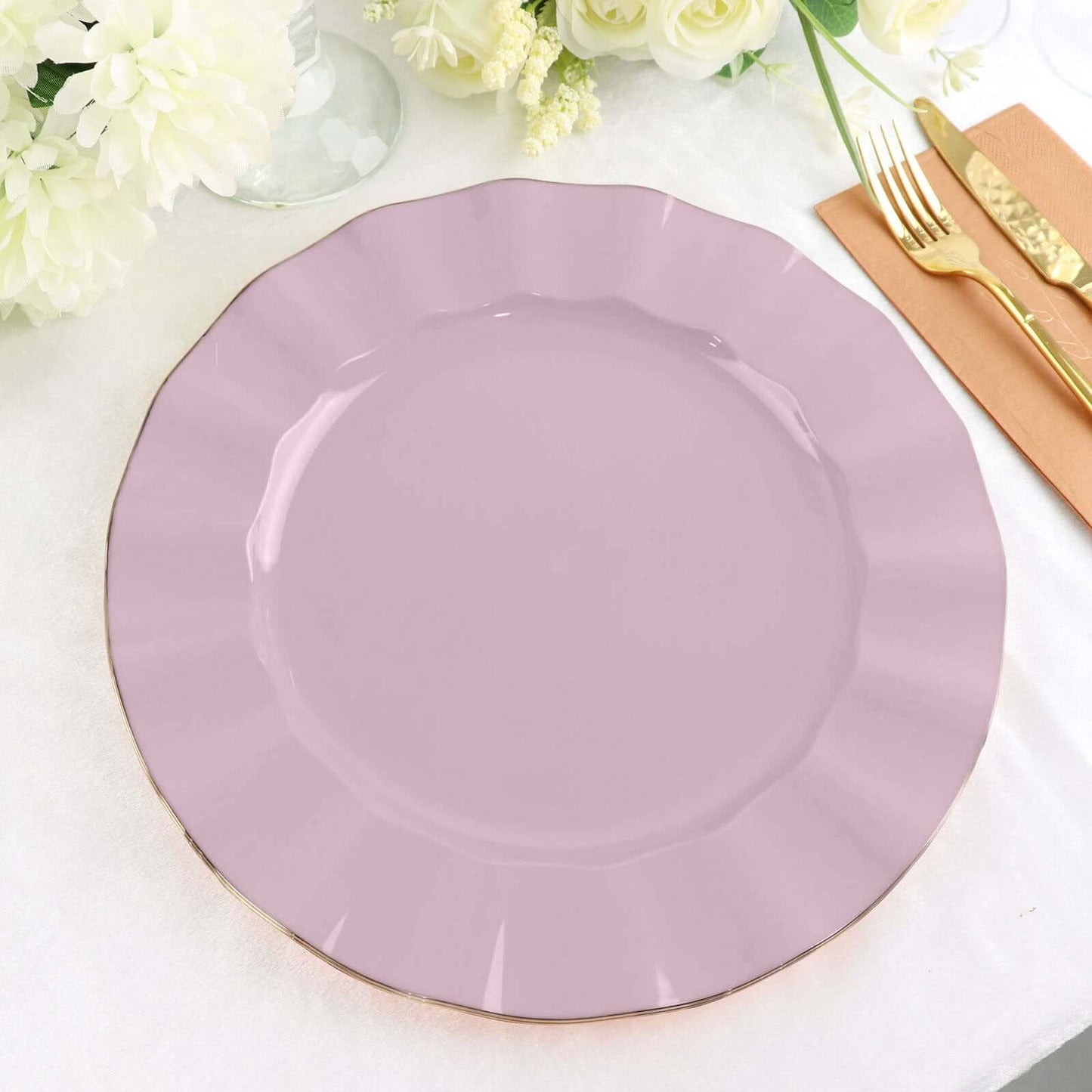 10-Pack Plastic 11" Round Dinner Plates in Lavender Lilac Ruffled Rim with Gold Edging - Sturdy Disposable Dinnerware