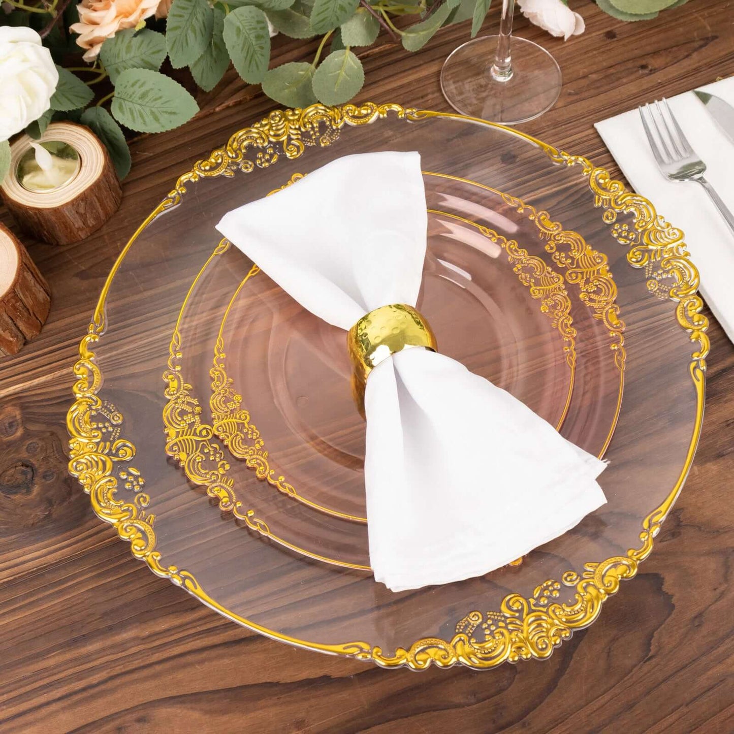10-Pack Plastic 10" Round Dinner Plates in Transparent Blush with Gold Leaf Embossed Rim - Disposable Vintage Baroque Style Plates