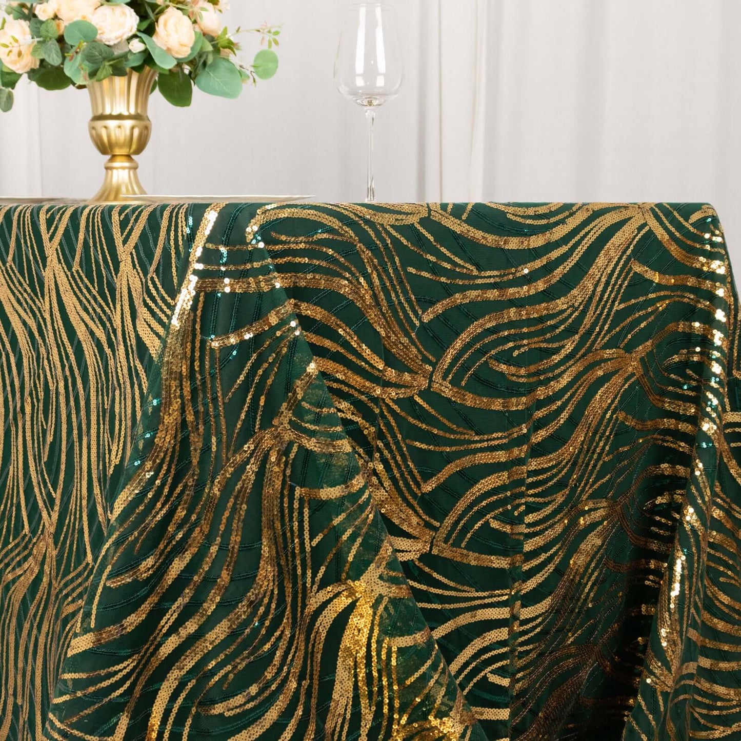 Mesh 90"x156" Rectangle Tablecloth Hunter Emerald Green/Gold - Wave Sequin Embroidered Table Cover