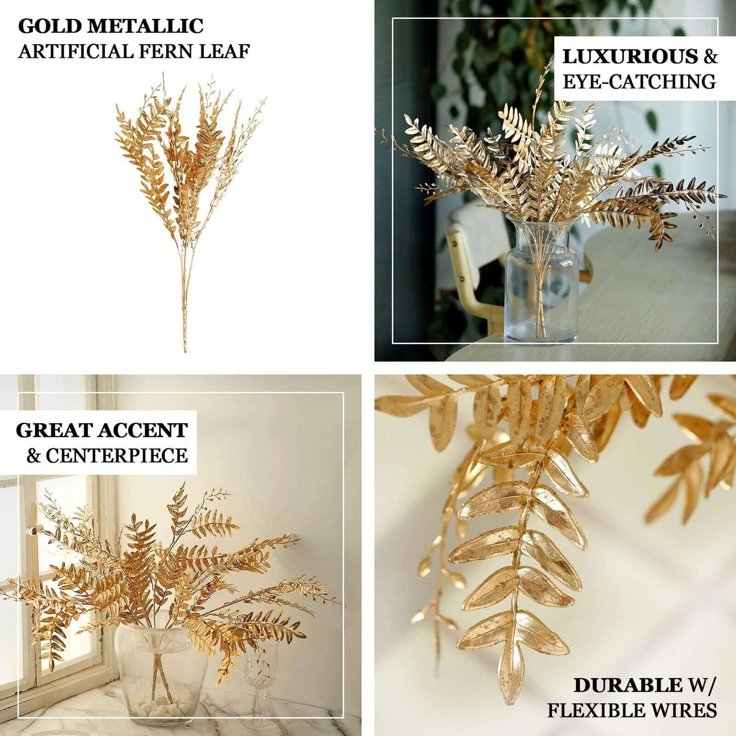 2-Pack Artificial Fern Leaf Branches Metallic Gold - Faux Decorative Bouquets for Glamorous Centerpiece Backdrop & Floral Decor 21"