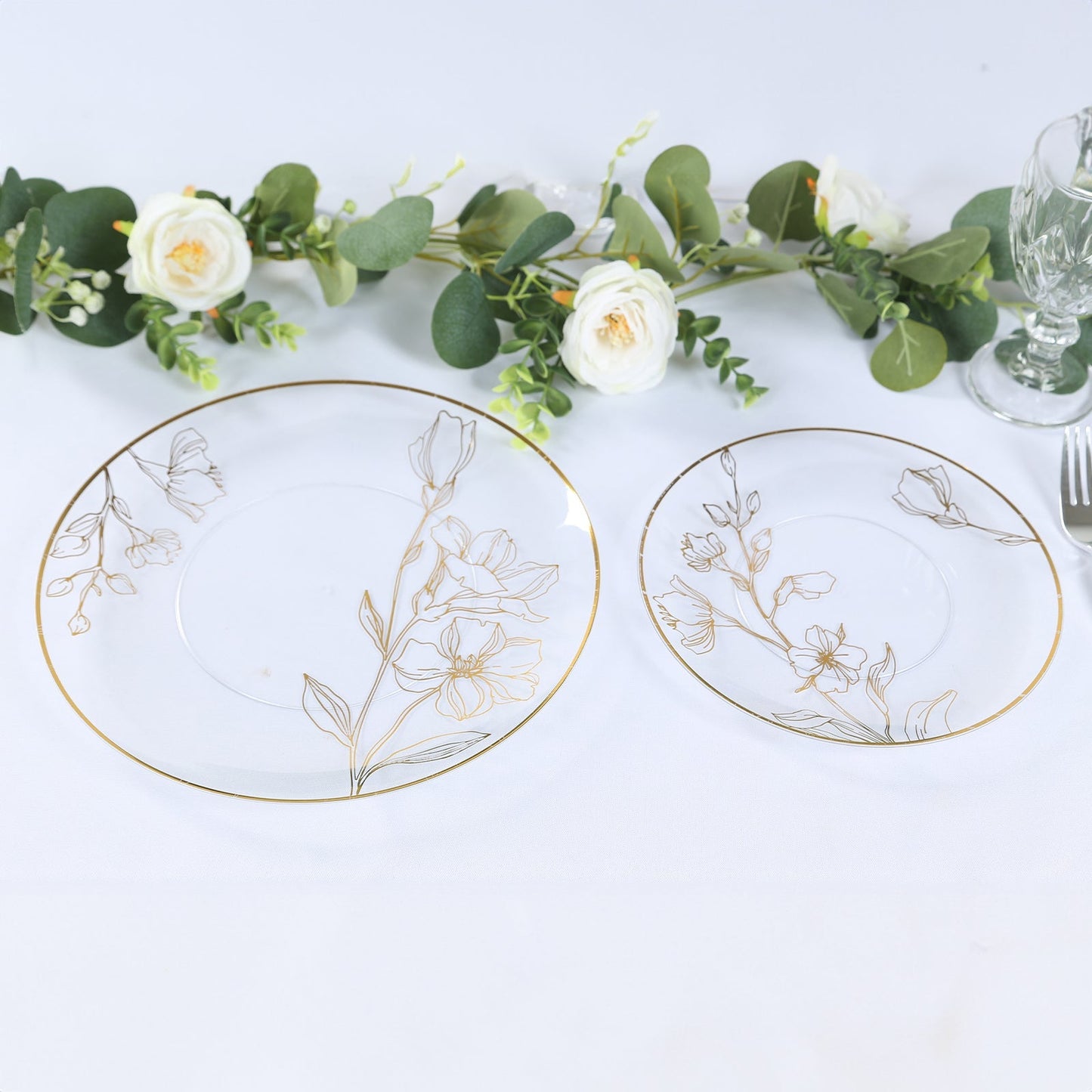Set of 20 Plastic Round Dinner and Dessert Plates in Clear with Metallic Gold Floral Design - Stylish Disposable Dinnerware 8", 10"