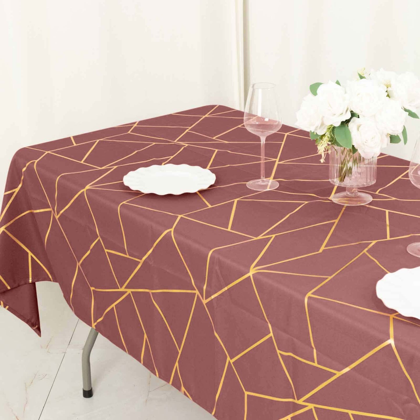 Polyester 60"x102" Rectangle Tablecloth Cinnamon Rose with Gold Foil Geometric Pattern - Wrinkle-Resistant & Durable Table Cover