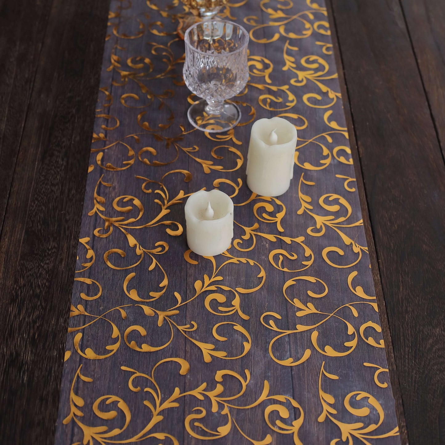 Sheer Organza 12"x108" Table Runner Roll Metallic Gold Foil Embossed Floral Design - Stylish Event Decoration