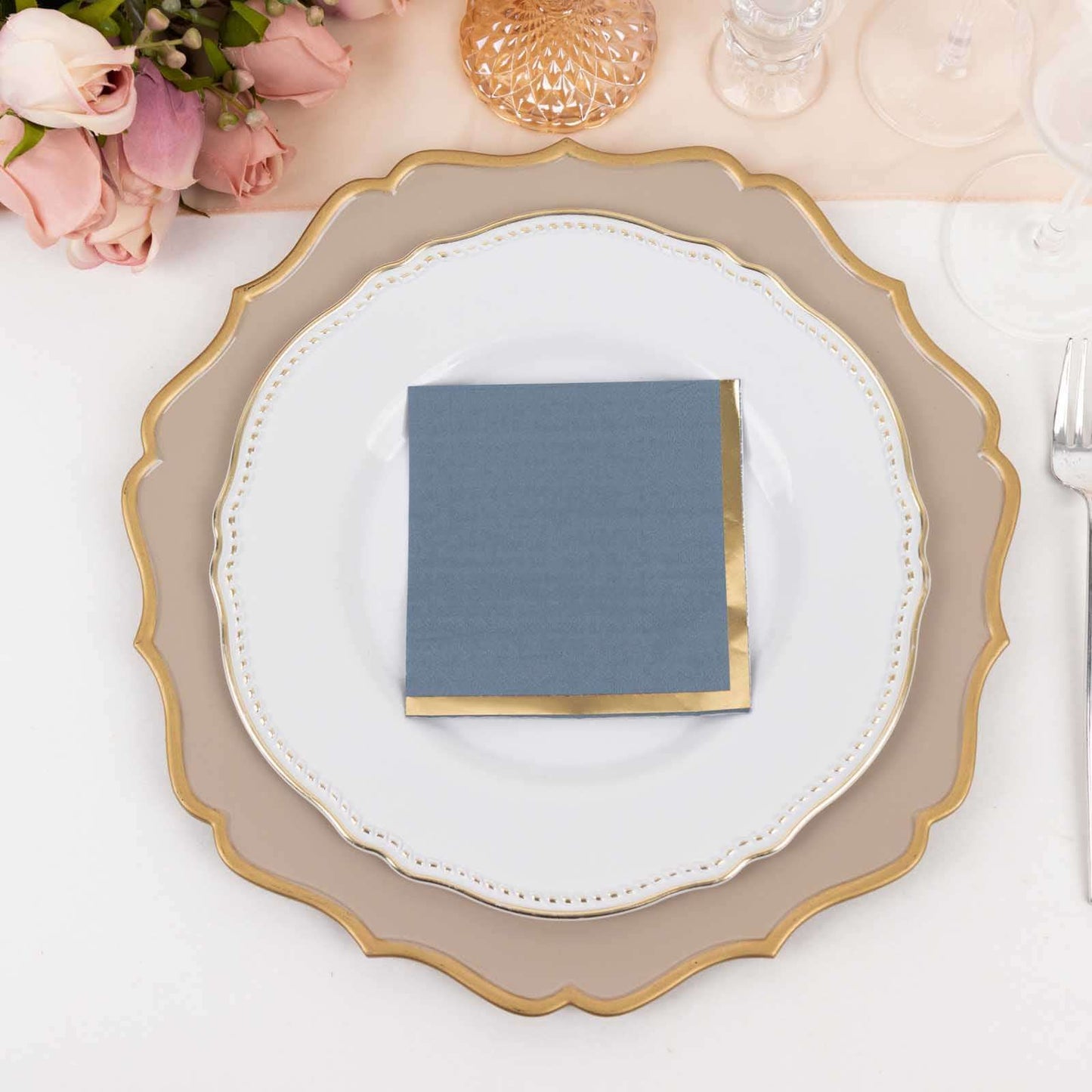 50-Pack Paper Beverage Napkins Dusty Blue with Gold Foil Edge - 2 Ply Disposable Soft 18GSM Cocktail Napkins 5"x5"