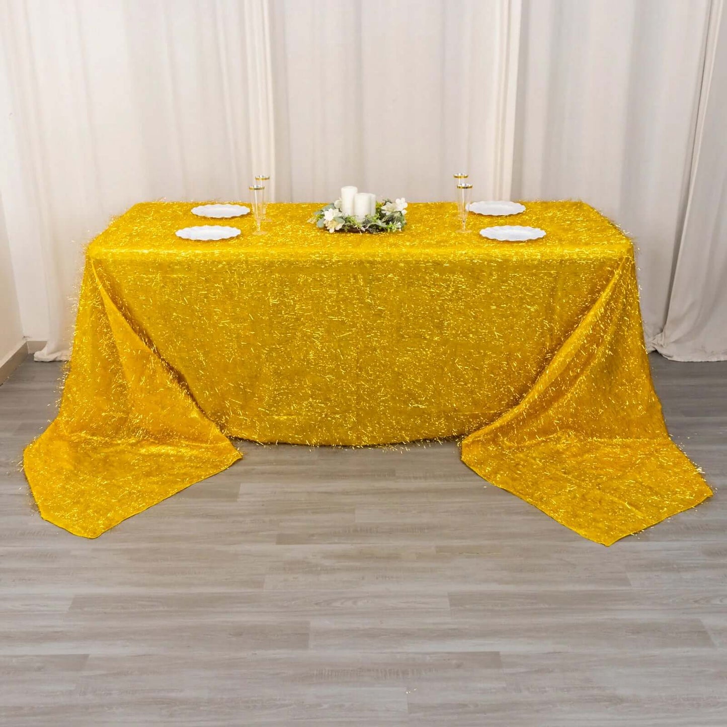Polyester 90"x156" Rectangle Tablecloth Gold Metallic Fringe Shag Tinsel Design Table Cover for Events Decor