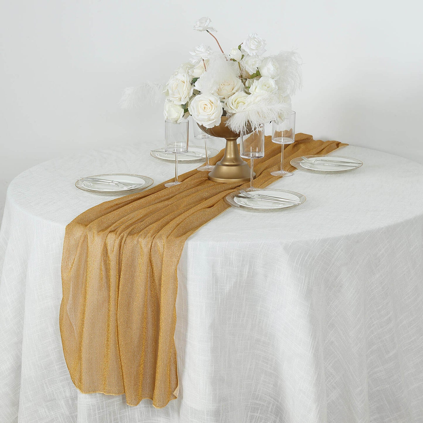 Glitter Gauze 27"x120" Table Runner Gold - Sparkling Reusable Wrinkle-Free Sheer Table Linen for Events