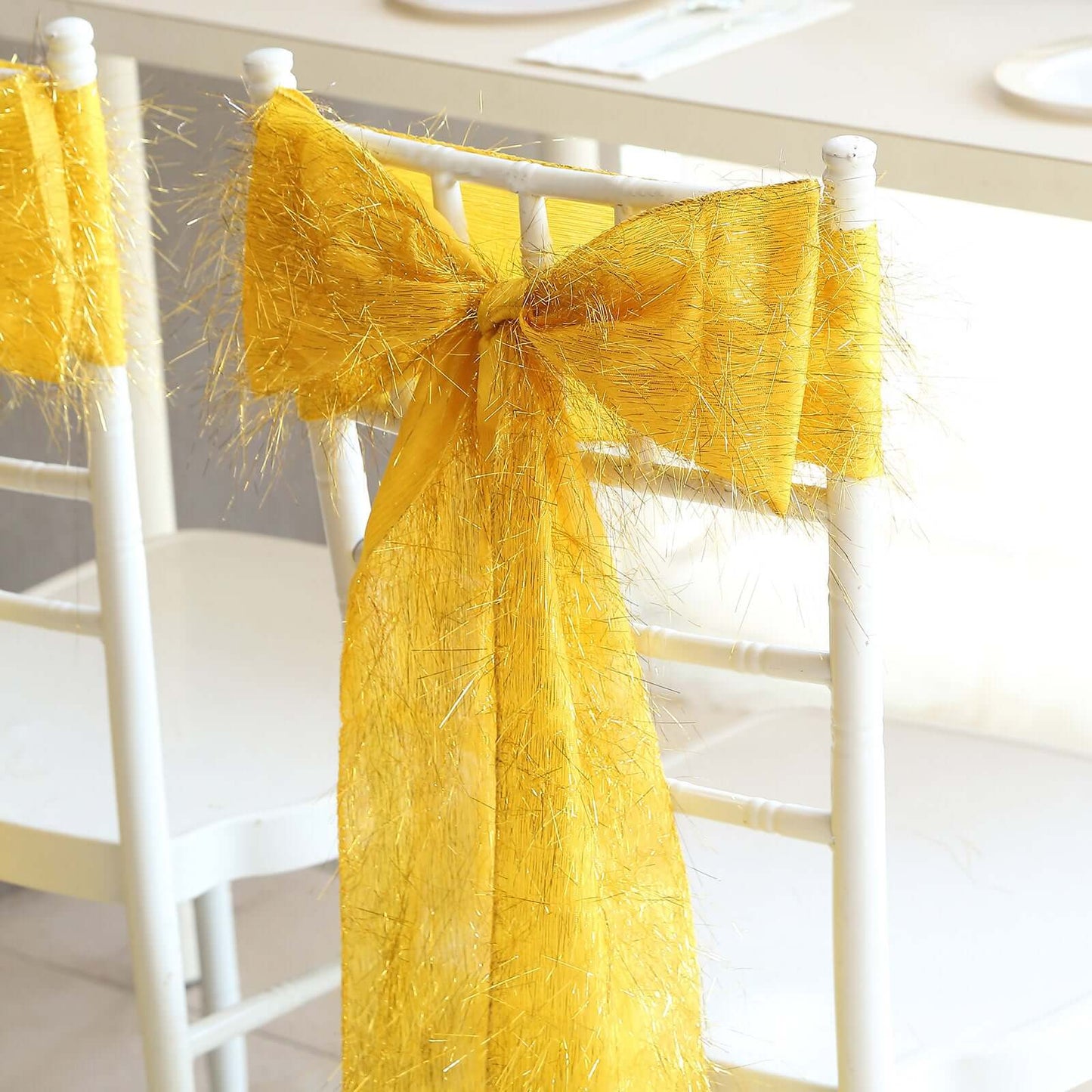 5 Pack Polyester Chair Sashes Gold Metallic Tinsel Fringe - Easy to Use Sparkly Chair Bows 6"x108"