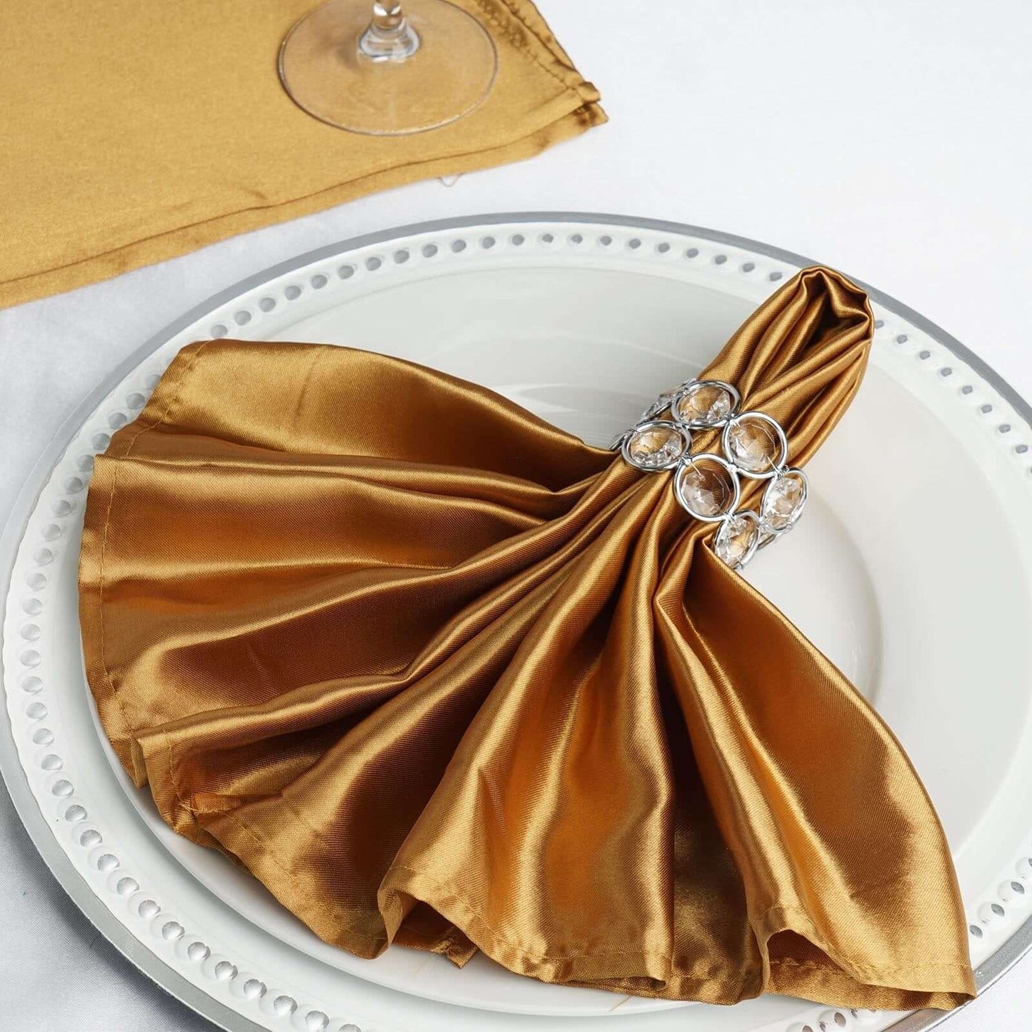5 Pack Satin 20"x20" Napkins Gold - Luxurious Shine & Smooth Dinner Napkins for Upscale Events
