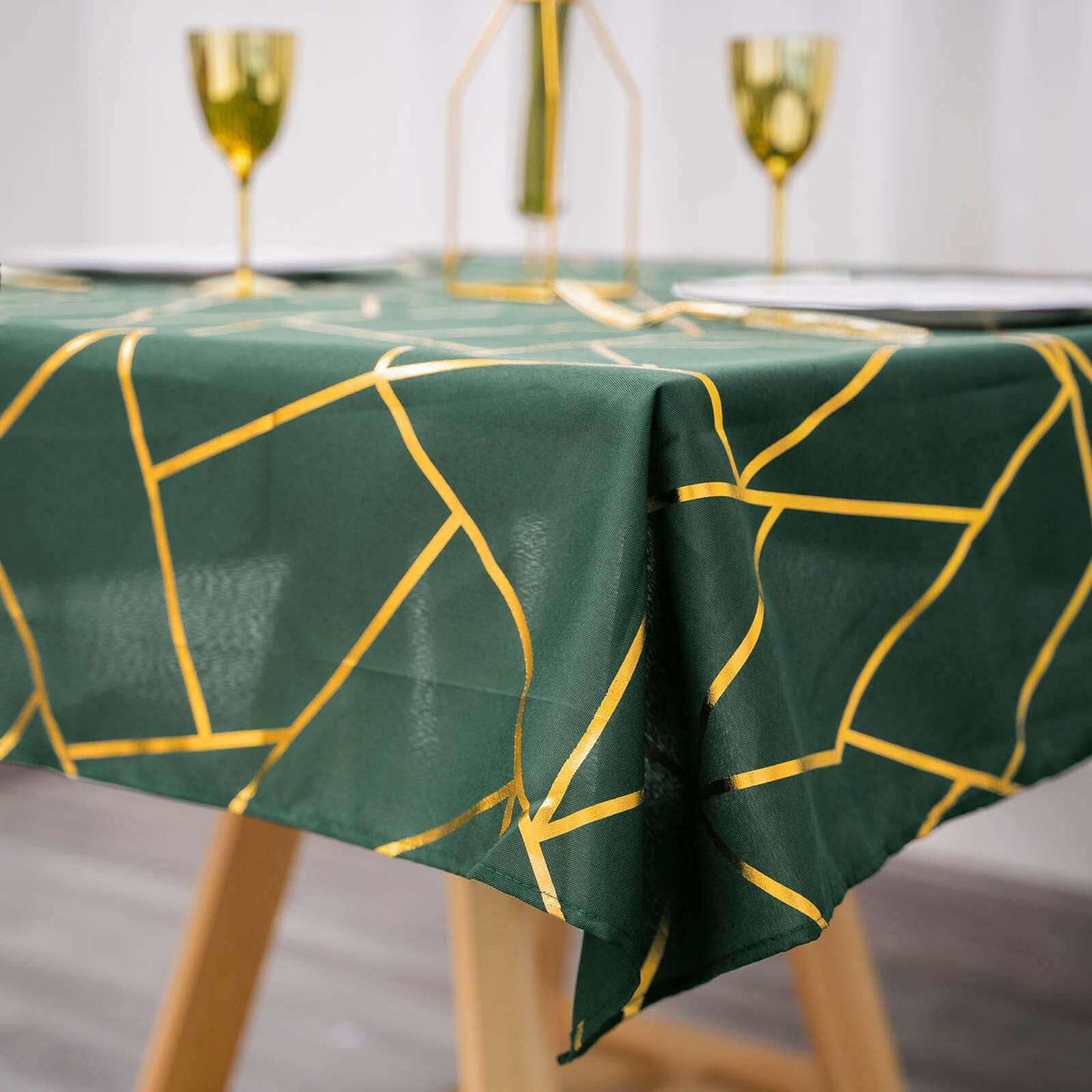 Polyester 54"x54" Square Tablecloth Hunter Emerald Green with Gold Foil Geometric Pattern - Wrinkle-Resistant & Durable Table Cover