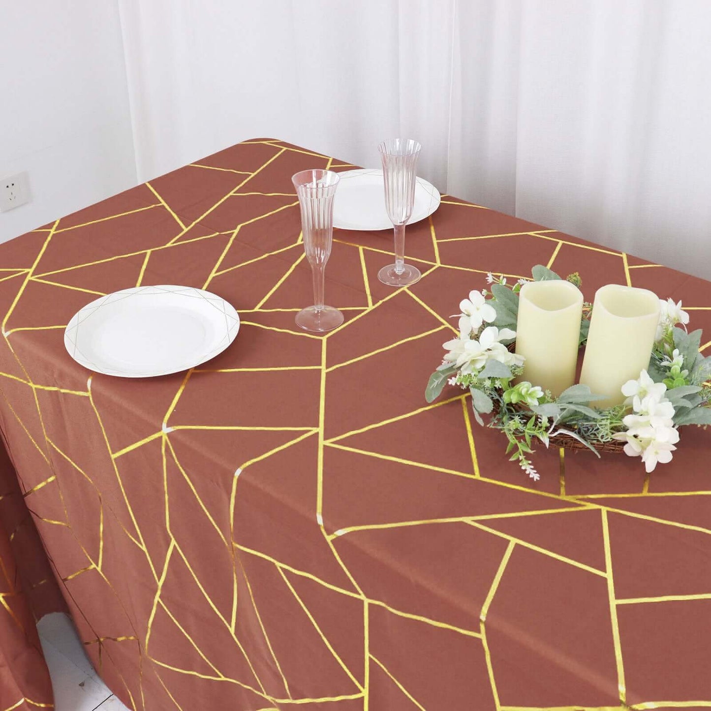 Polyester 90"x132" Rectangle Tablecloth Terracotta (Rust) with Gold Foil Geometric Pattern - Wrinkle-Resistant Seamless Table Cover