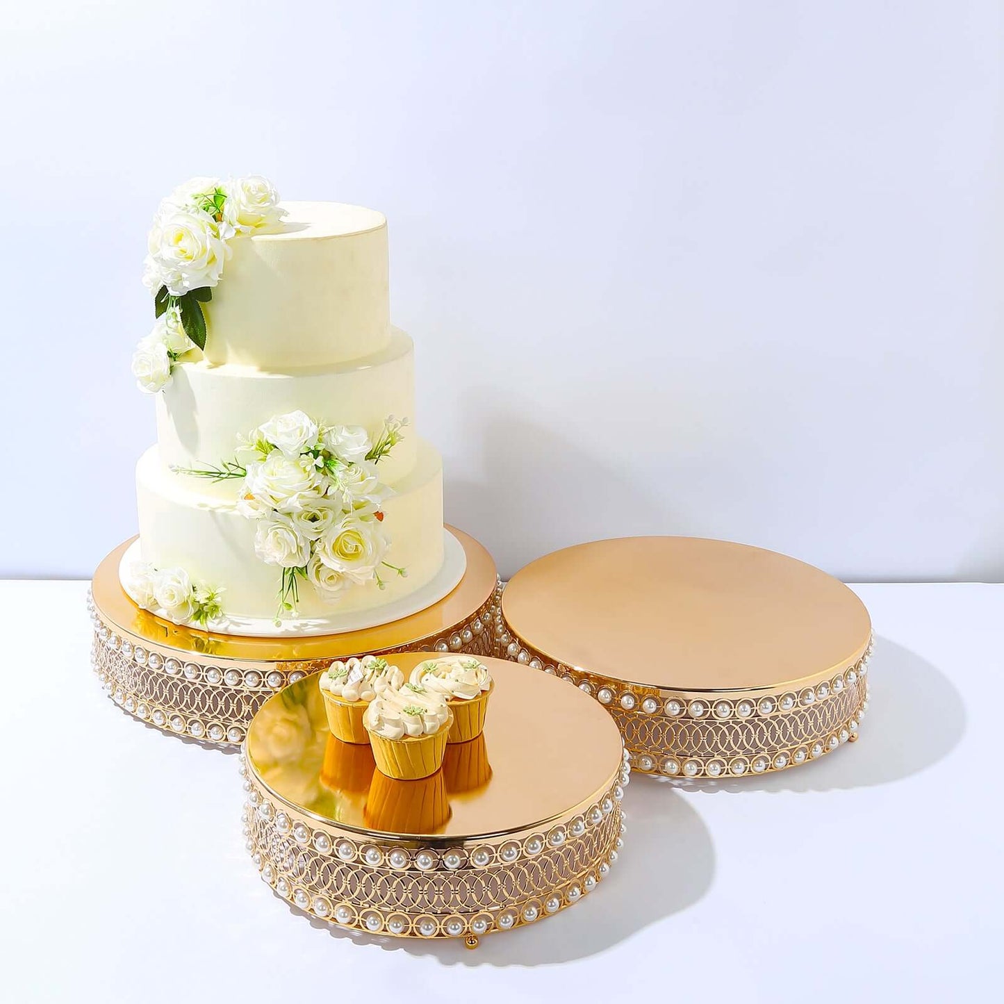 Set of 3 Cake Stands Round Design with Mirror Top Gold - Pearl Beaded Stackable Cupcake Holders Metal 12", 14", 16"