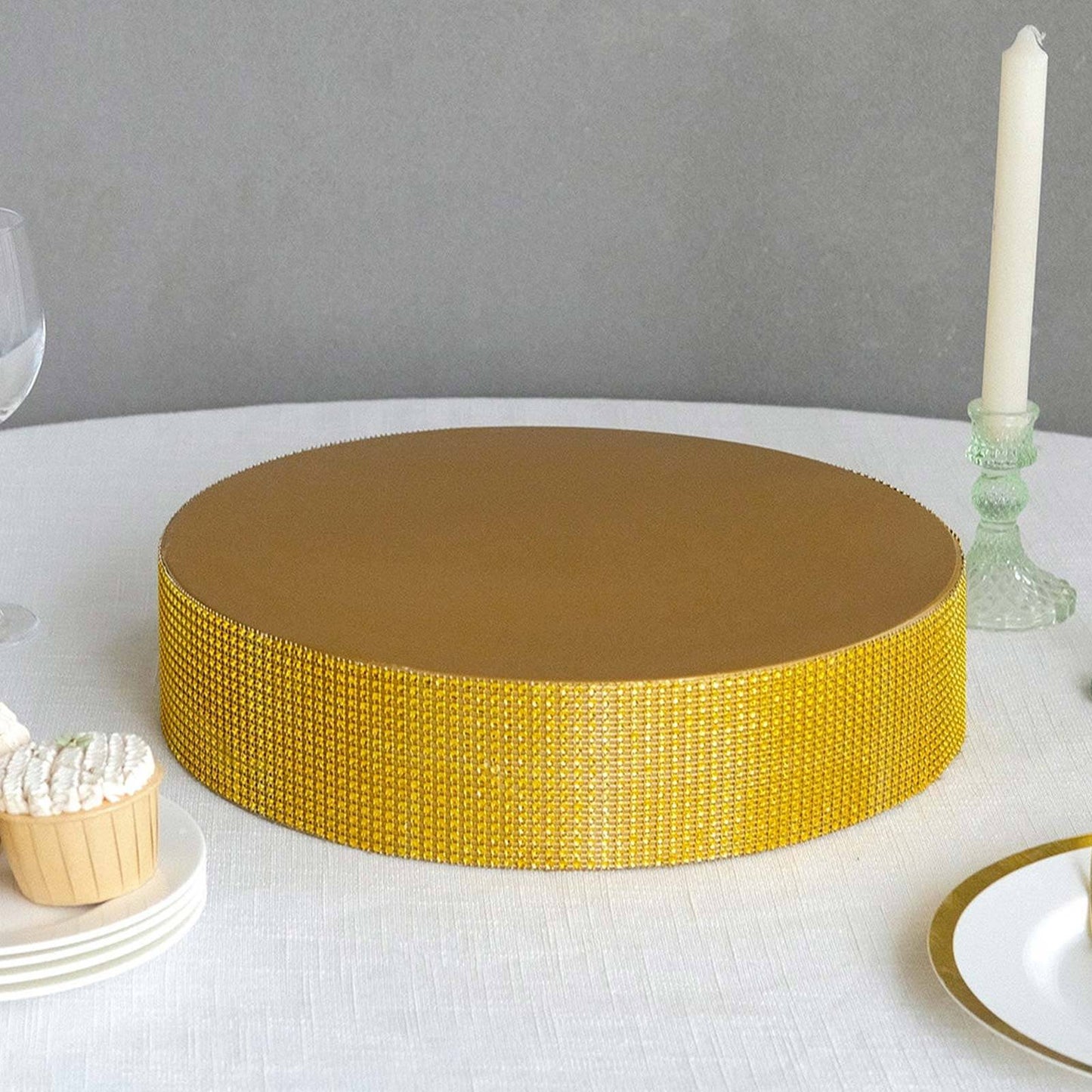 Metal Pedestal Cake Stand Round Design with Rhinestones Gold - Cupcake Holder and Dessert Table Centerpiece 14"