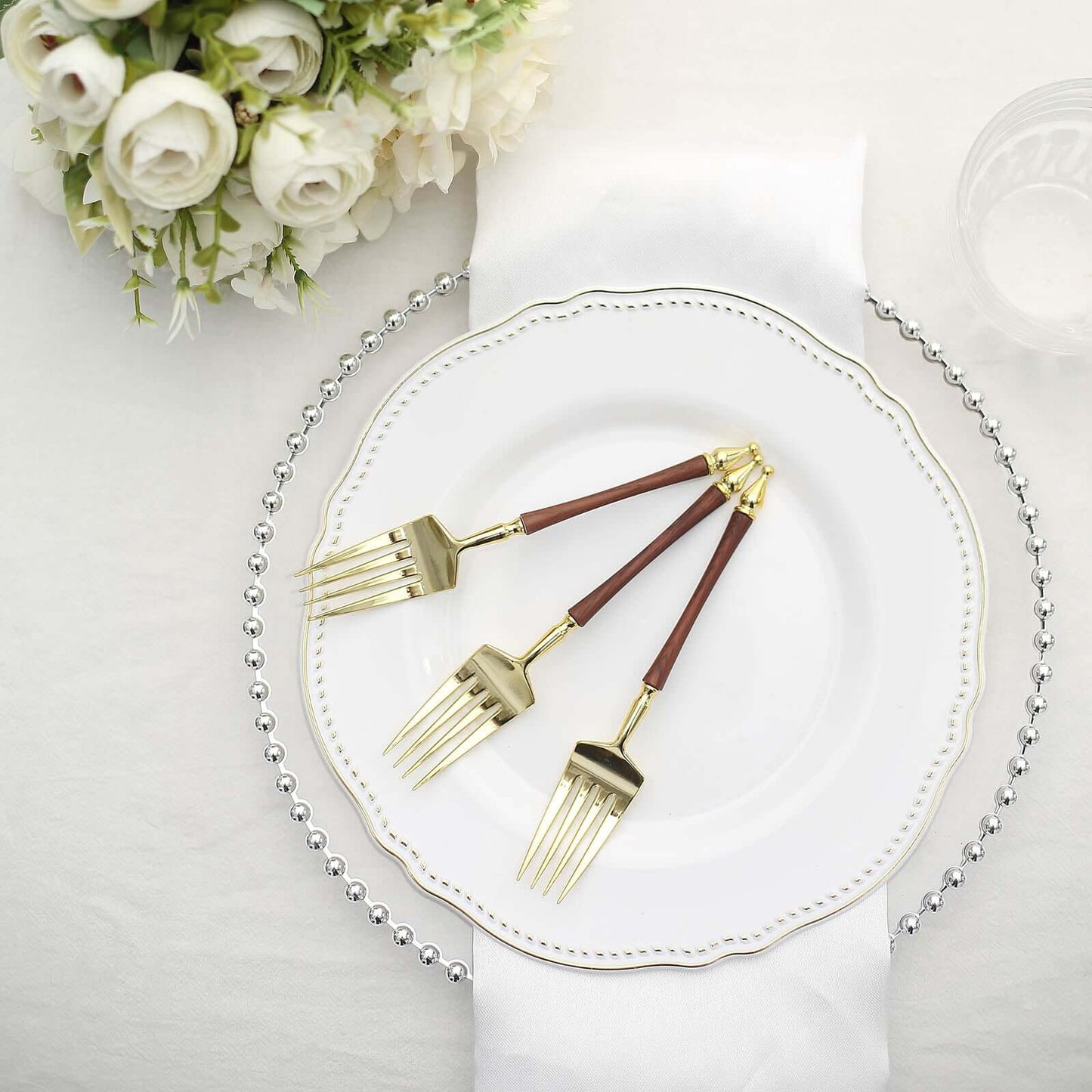 24-Pack Plastic Dessert Forks with Roman Column Handle Gold/Brown - European Style Disposable Utensils 6"