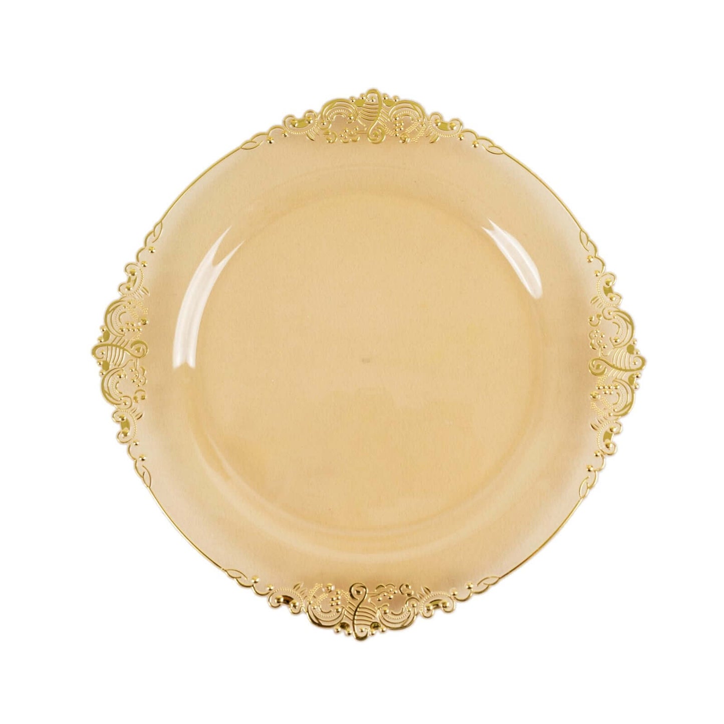 10-Pack Plastic 10" Round Dinner Plates in Transparent Amber Gold with Gold Leaf Embossed Rim - Disposable Vintage Baroque Style Plates