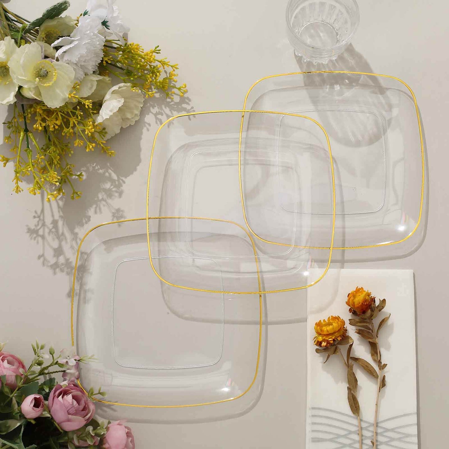 10-Pack Plastic 7" Square Dessert Plates in Clear with Gold Rim - Classy Disposable Appetizer Salad Plates