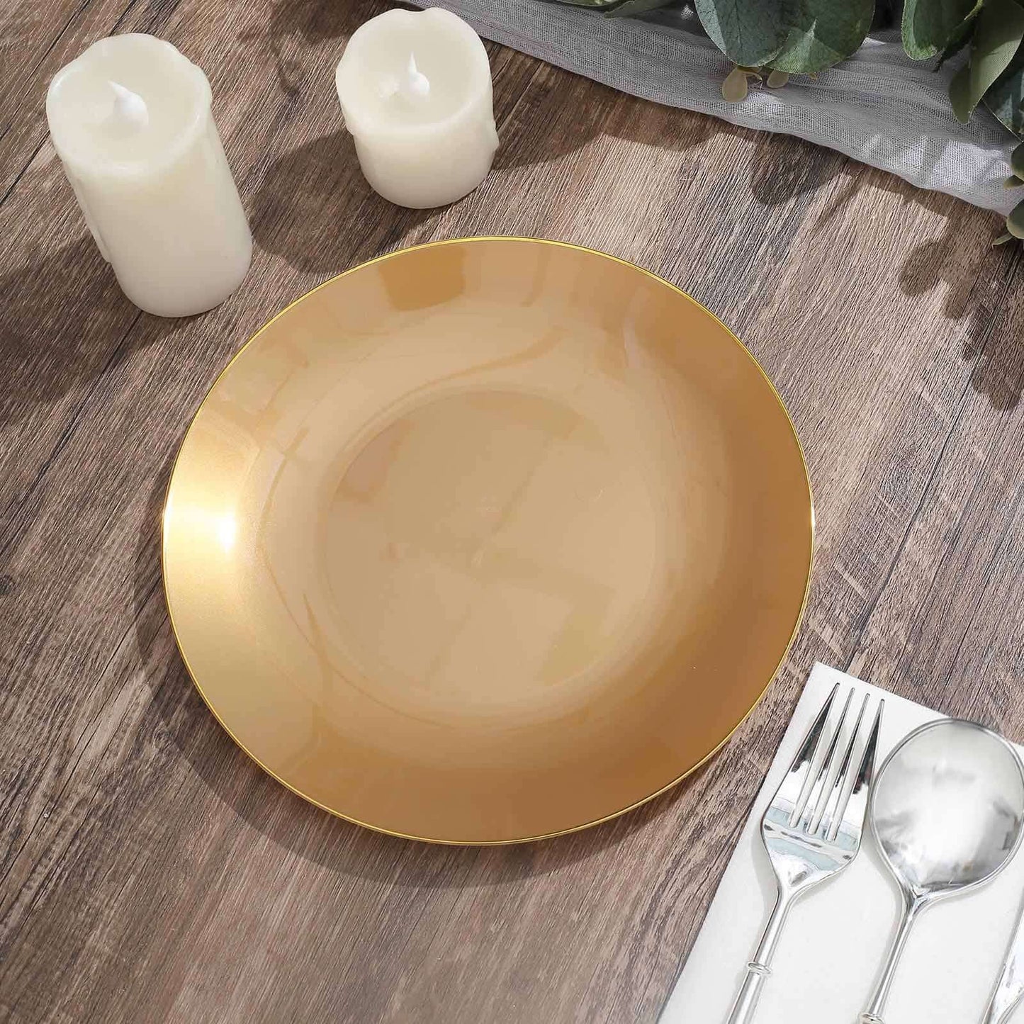 10-Pack Plastic 8" Round Dessert Plates in Gold with Gold Rim - Glossy Disposable Appetizer Salad Plates